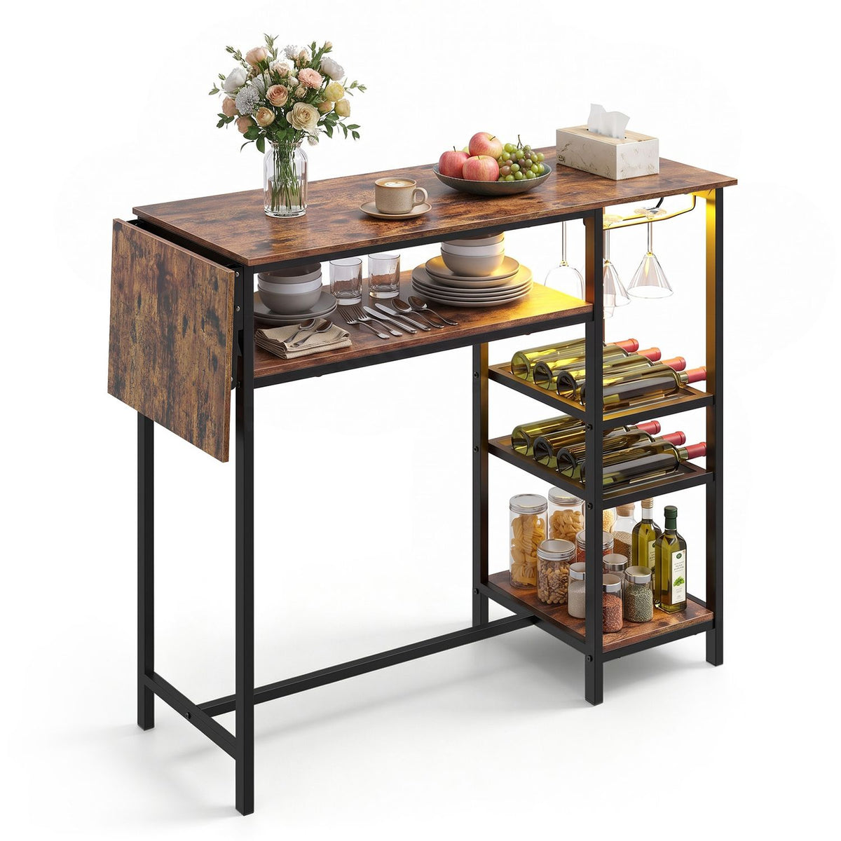 55" Drop-Leaf Counter Height Bar Table with LED Light and Remote Control for Small Space-Rustic Brown