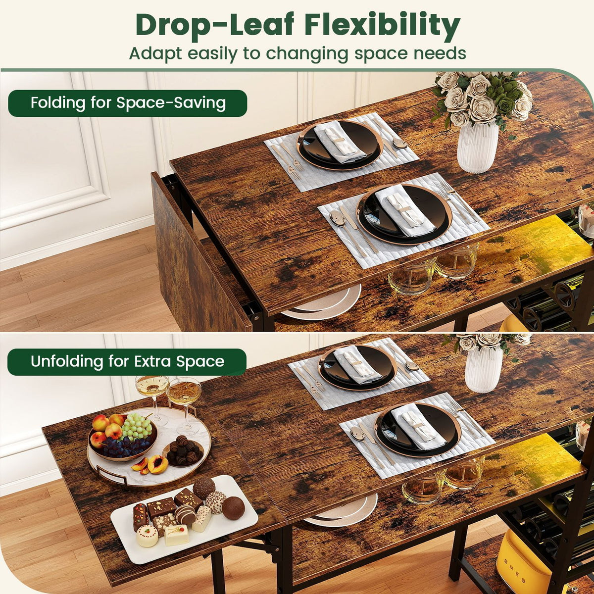 55" Drop-Leaf Counter Height Bar Table with LED Light and Remote Control for Small Space-Rustic Brown