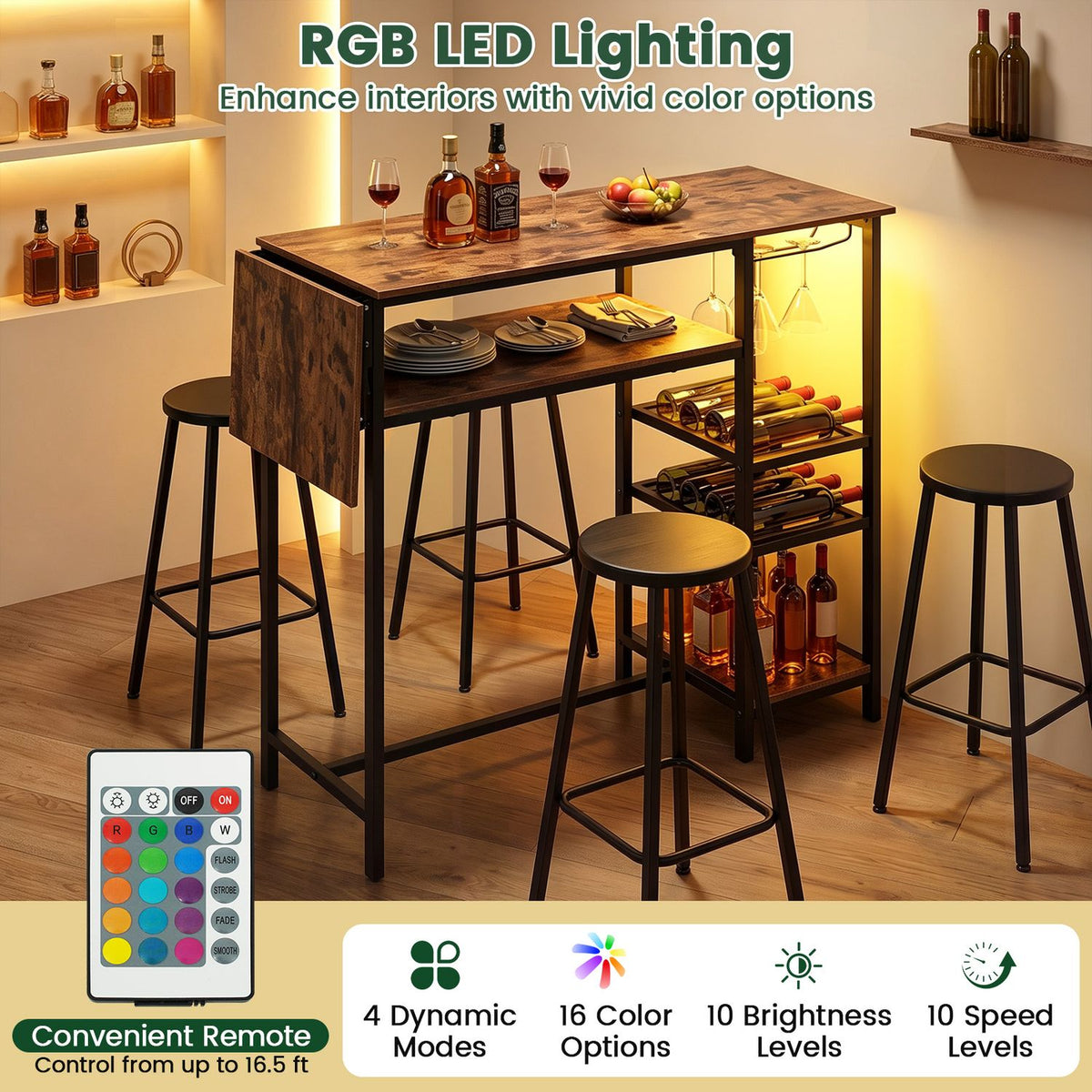55" Drop-Leaf Counter Height Bar Table with LED Light and Remote Control for Small Space-Rustic Brown