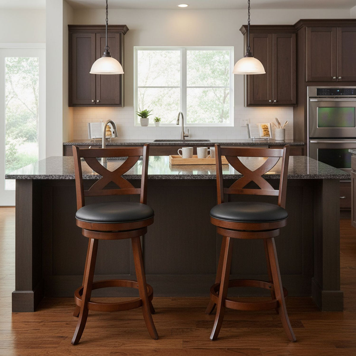 24" Counter Height Stools 2 PCS with Hollowed Backrest Swivel Padded Seat and Footrest-Espresso