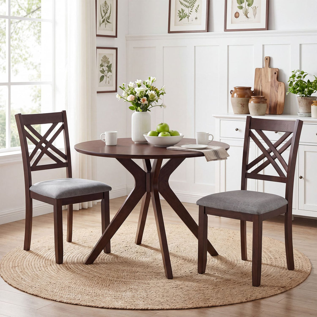 Wooden Dining Chairs Set of 2 with Fabric Padded Seat and Solid Rubber Wood for Kitchen