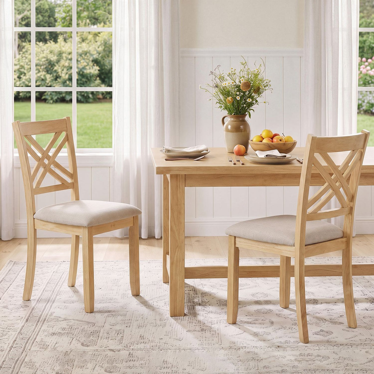 Wooden Dining Chairs Set of 2 with Fabric Padded Seat and Solid Rubber Wood for Kitchen