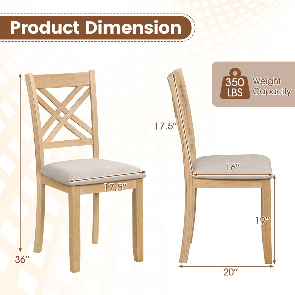 Wooden Dining Chairs Set of 2 with Fabric Padded Seat and Solid Rubber Wood for Kitchen