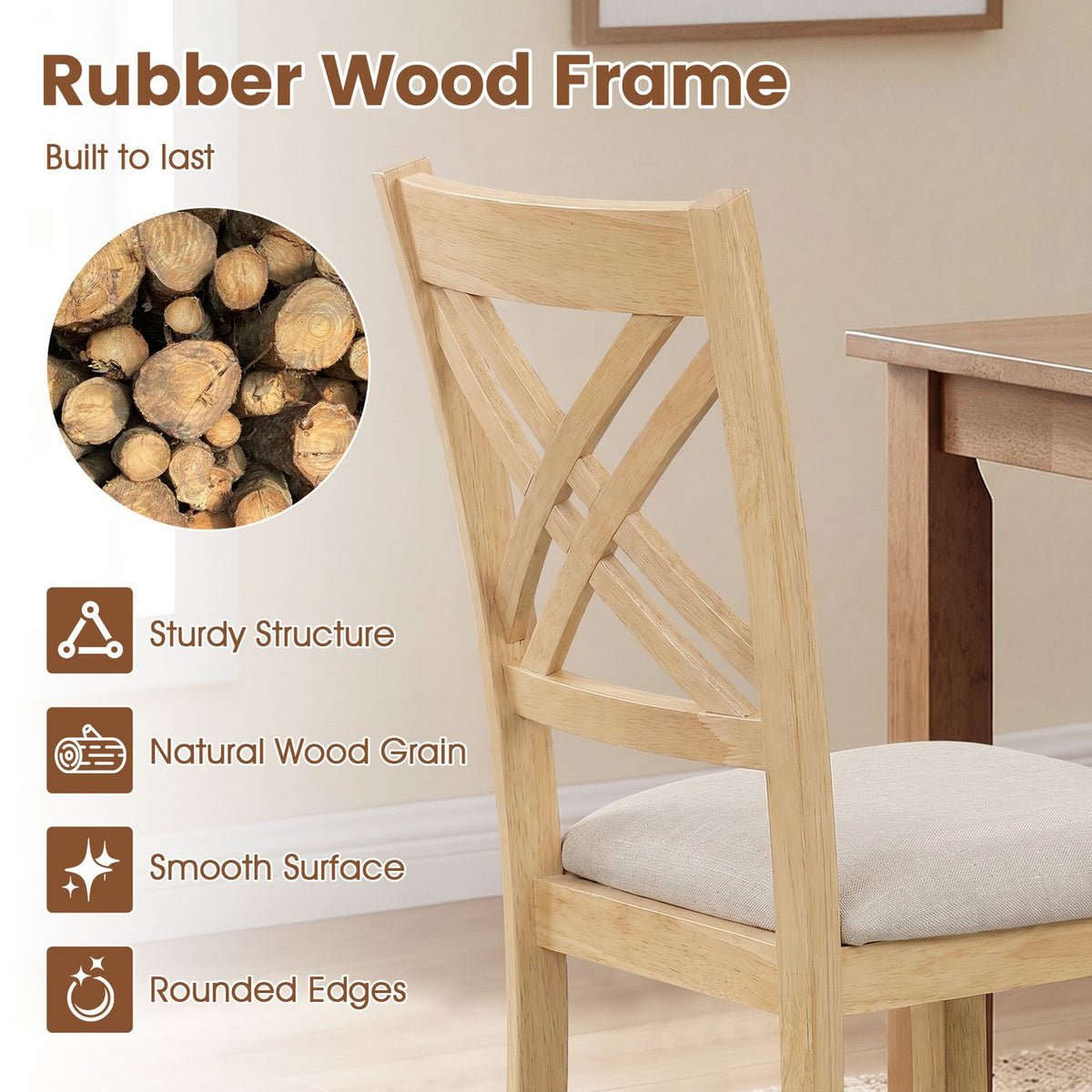 Wooden Dining Chairs Set of 2 with Fabric Padded Seat and Solid Rubber Wood for Kitchen