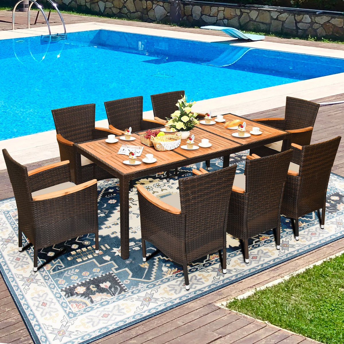 75" Rattan Patio Dining Table Acacia Wood Table for 8 People