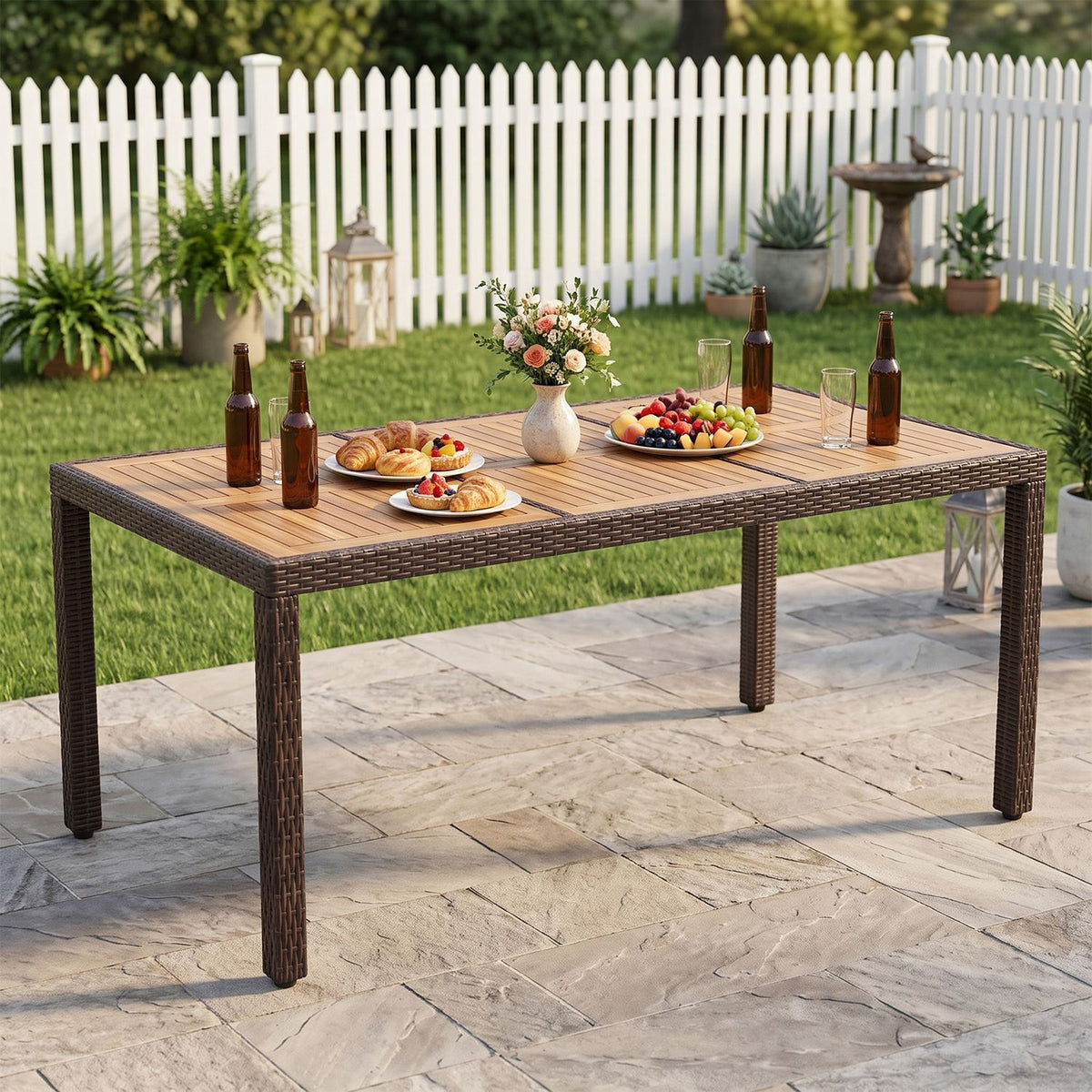 75" Rattan Patio Dining Table Acacia Wood Table for 8 People