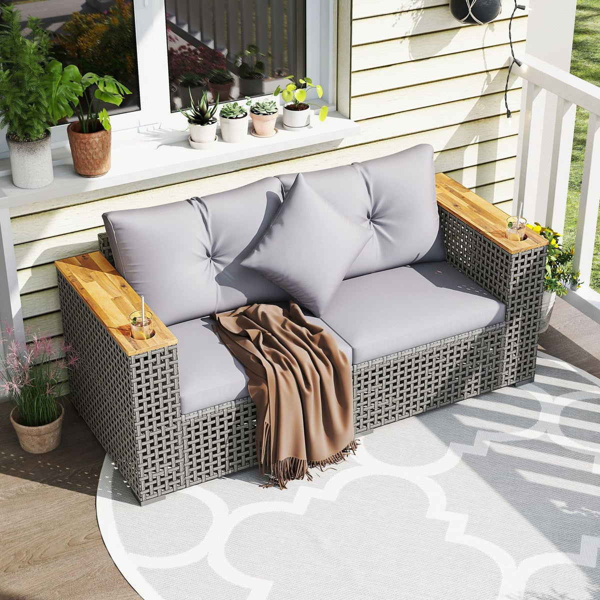 5-Piece Outdoor Rattan Sofa Set with Corner Loveseat 4 Cushioned Seats and Coffee Table