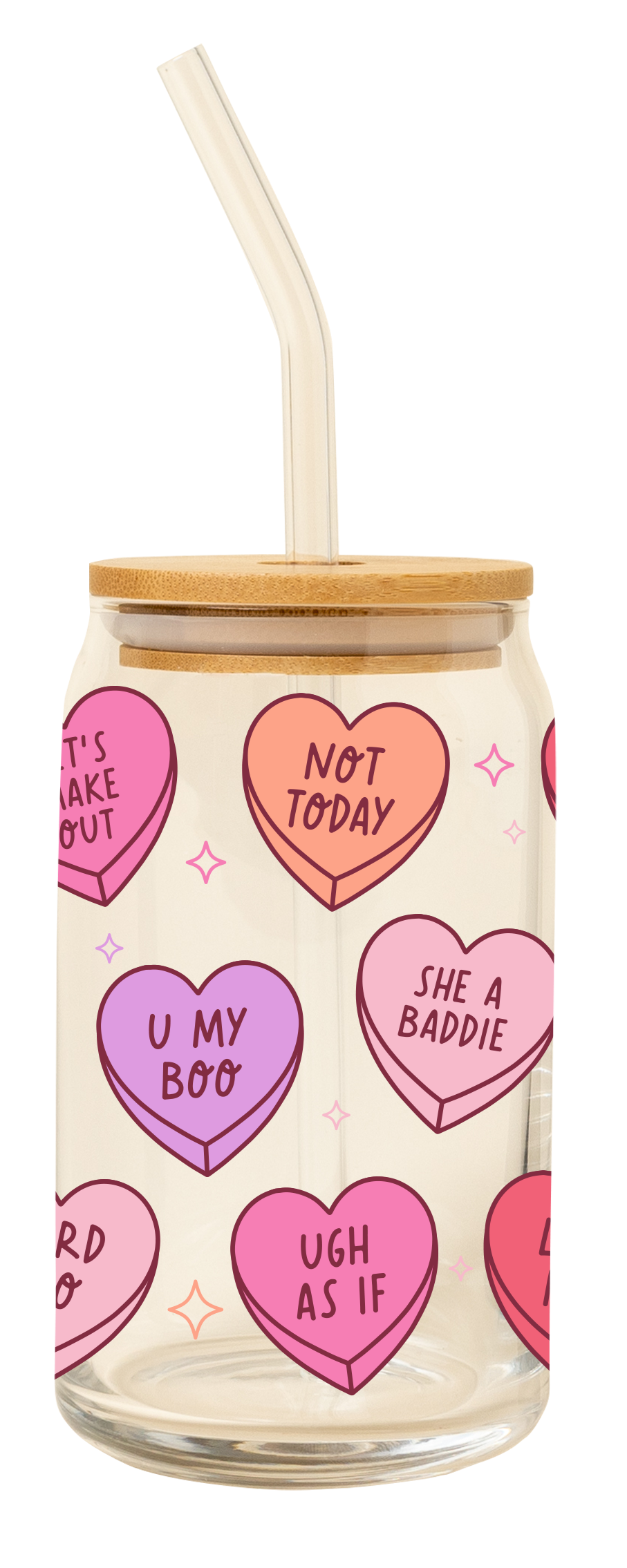 Can Glass w/Lid + Straw - Candy Hearts