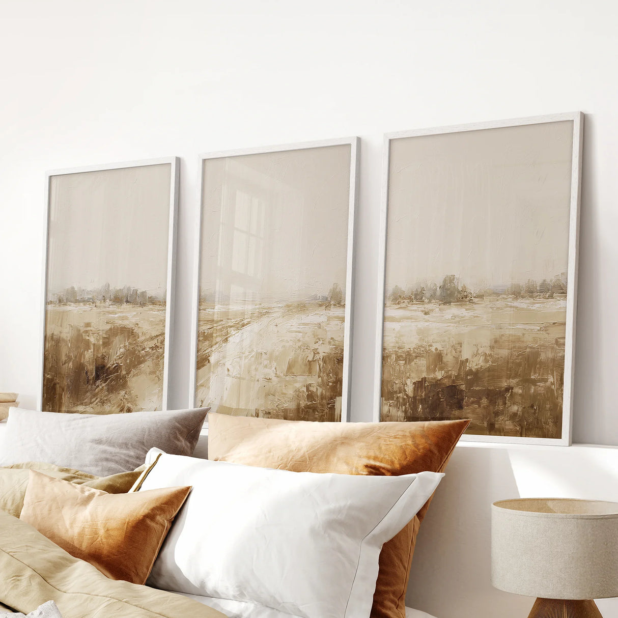 Neutral Abstract Landscape Art. Beige Farmhouse Triptych