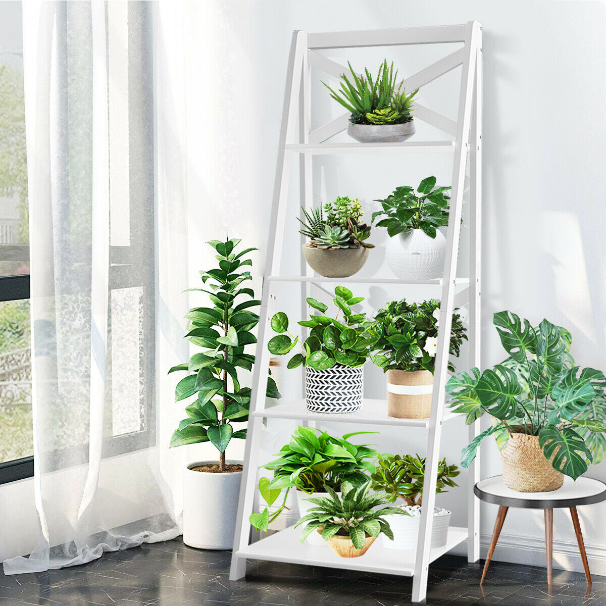 4-Tier Leaning Free Standing Ladder Shelf Bookcase
