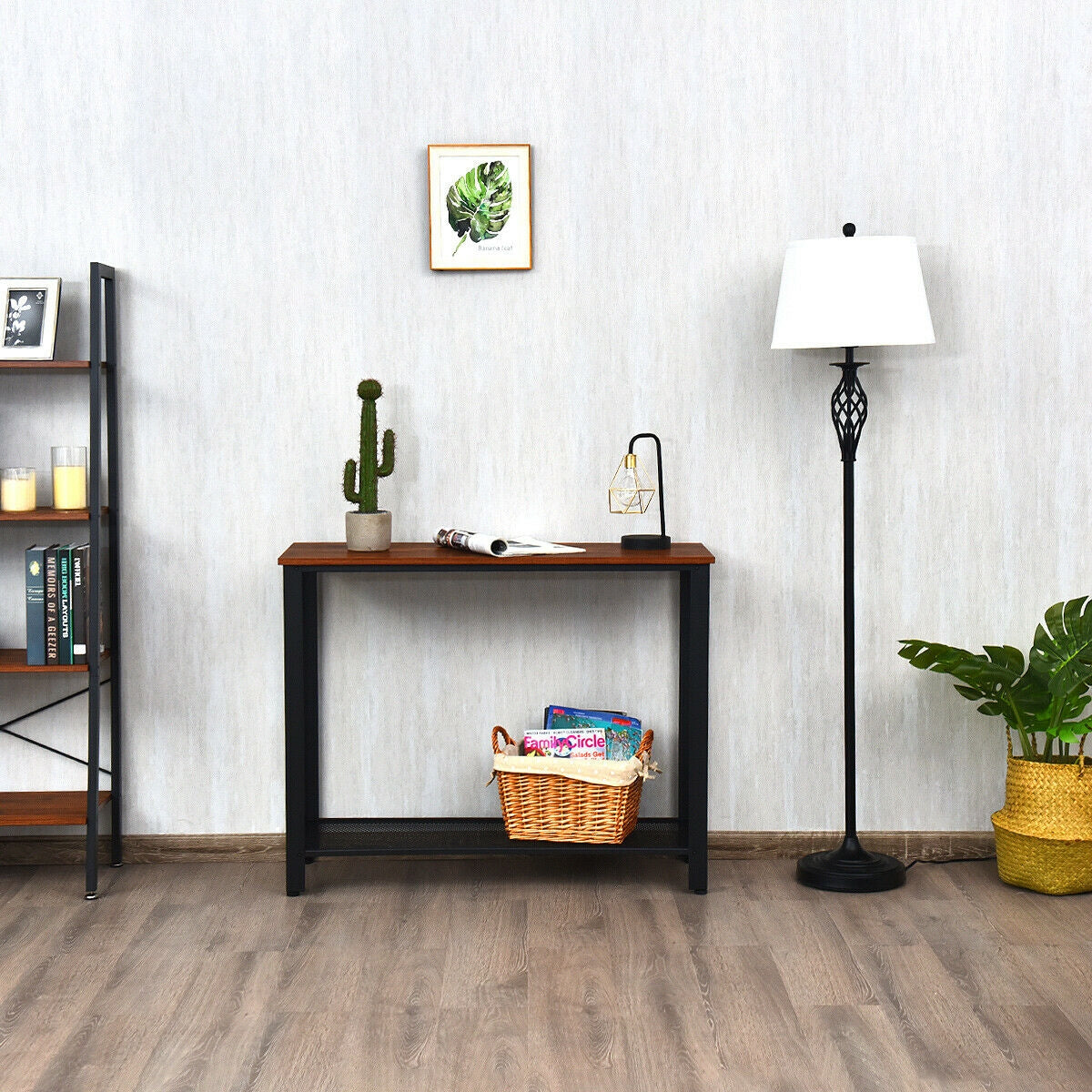 Metal Frame Wood Console Sofa Table with Storage Shelf-Black