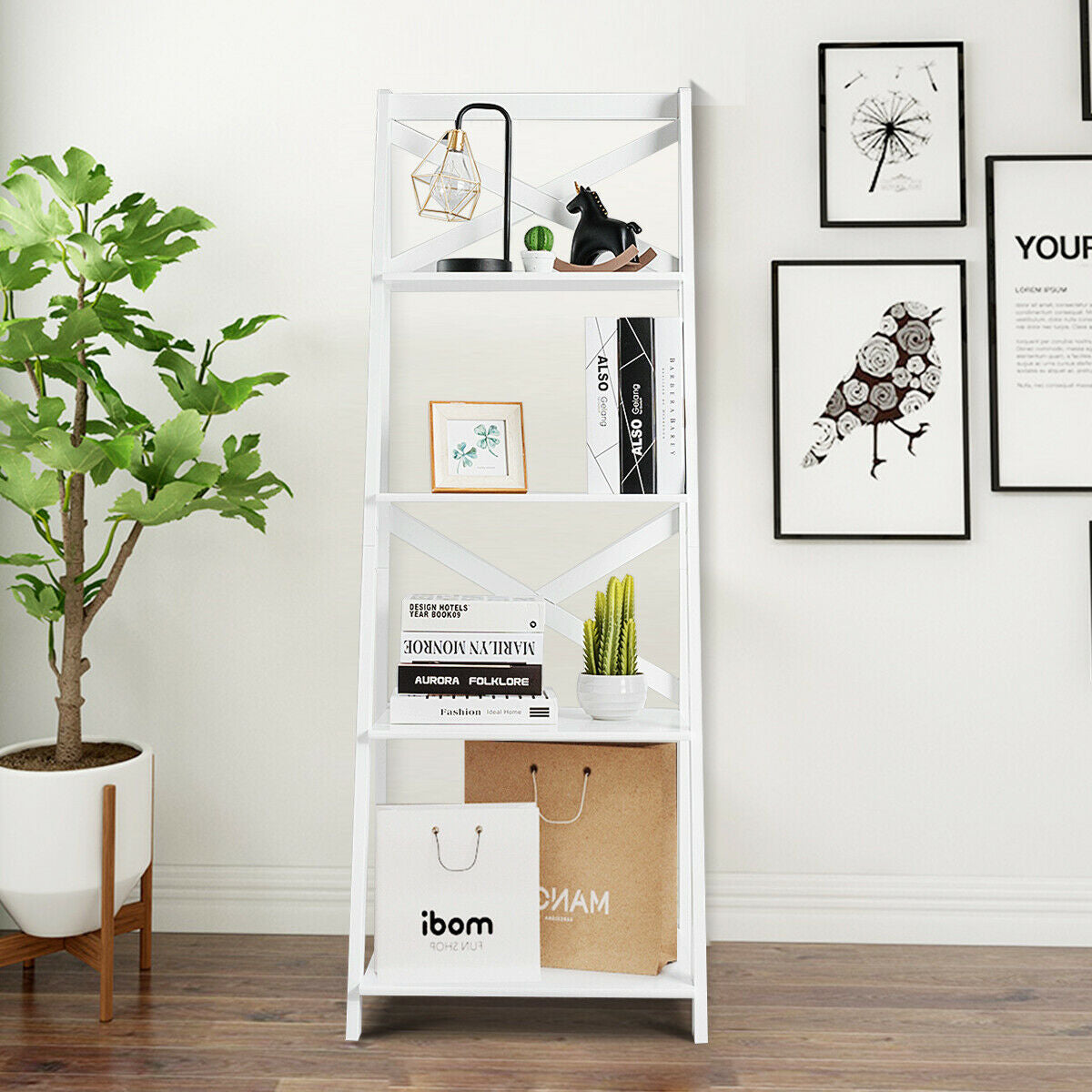 4-Tier Leaning Free Standing Ladder Shelf Bookcase