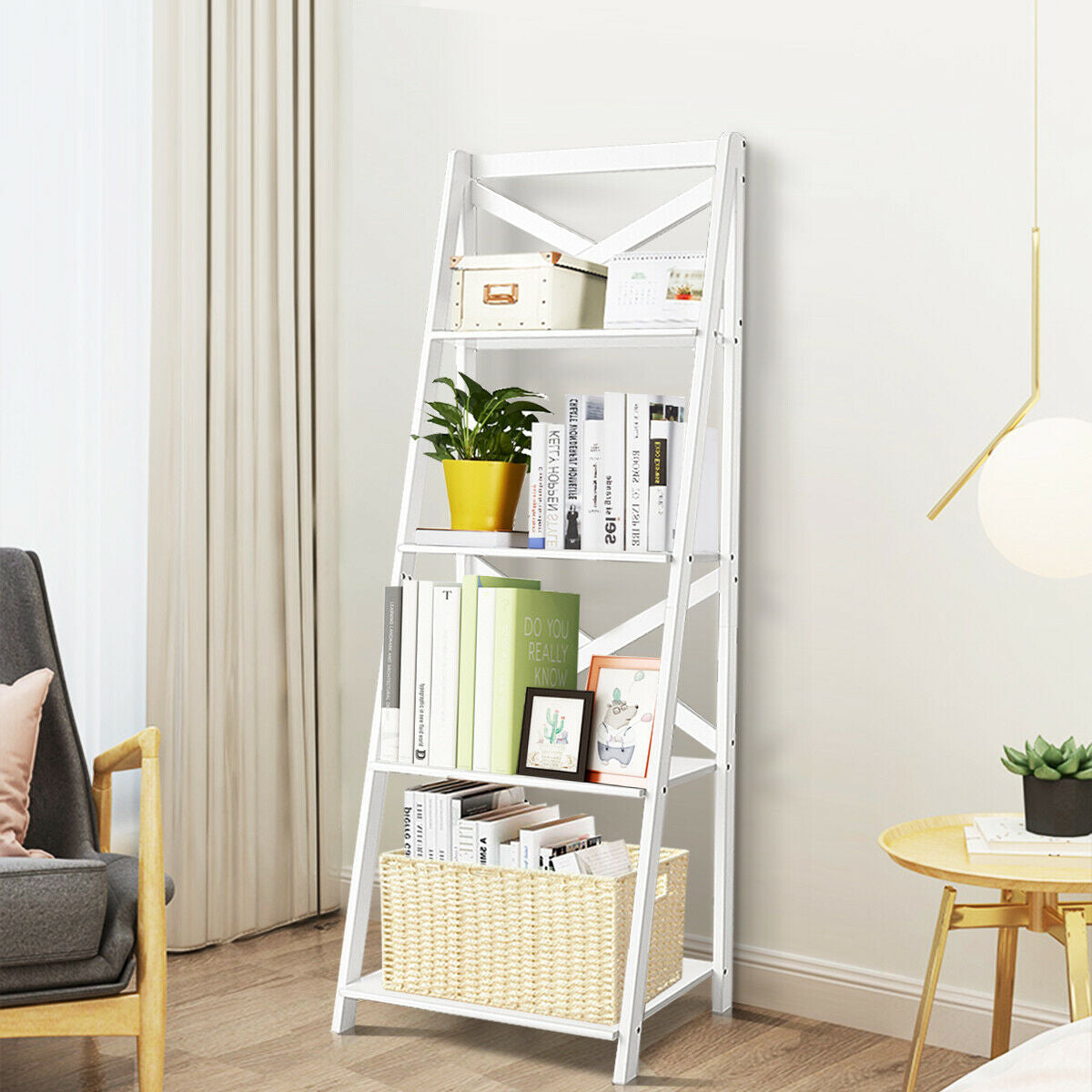 4-Tier Leaning Free Standing Ladder Shelf Bookcase