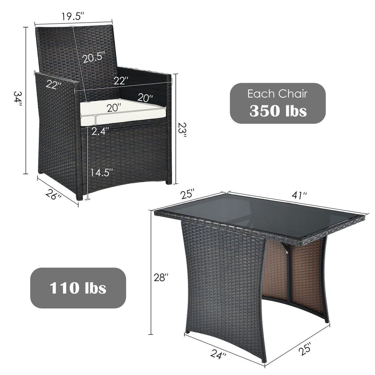 3 Pieces Patio Rattan Furniture Set with Cushion and Sofa Armrest