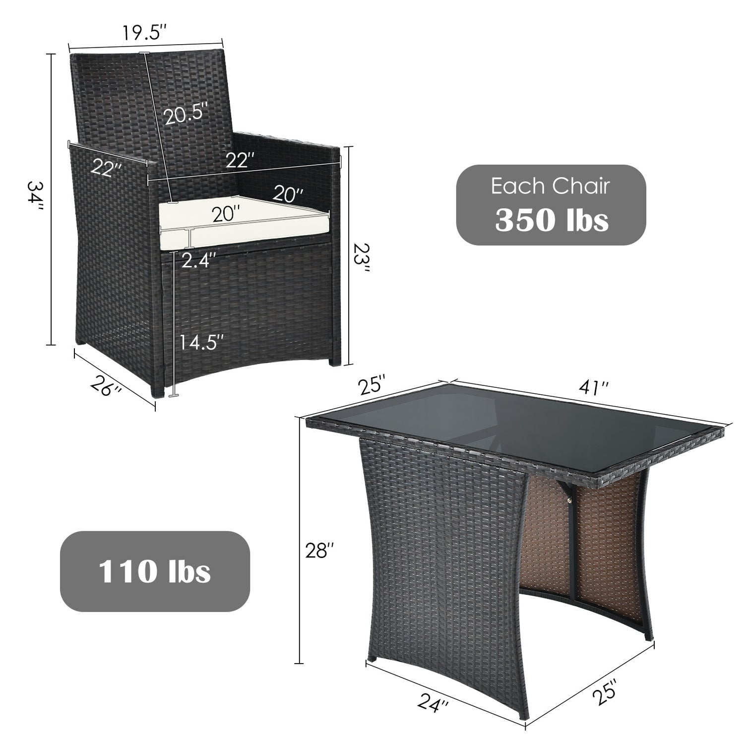 3 Pieces Patio Rattan Furniture Set with Cushion and Sofa Armrest