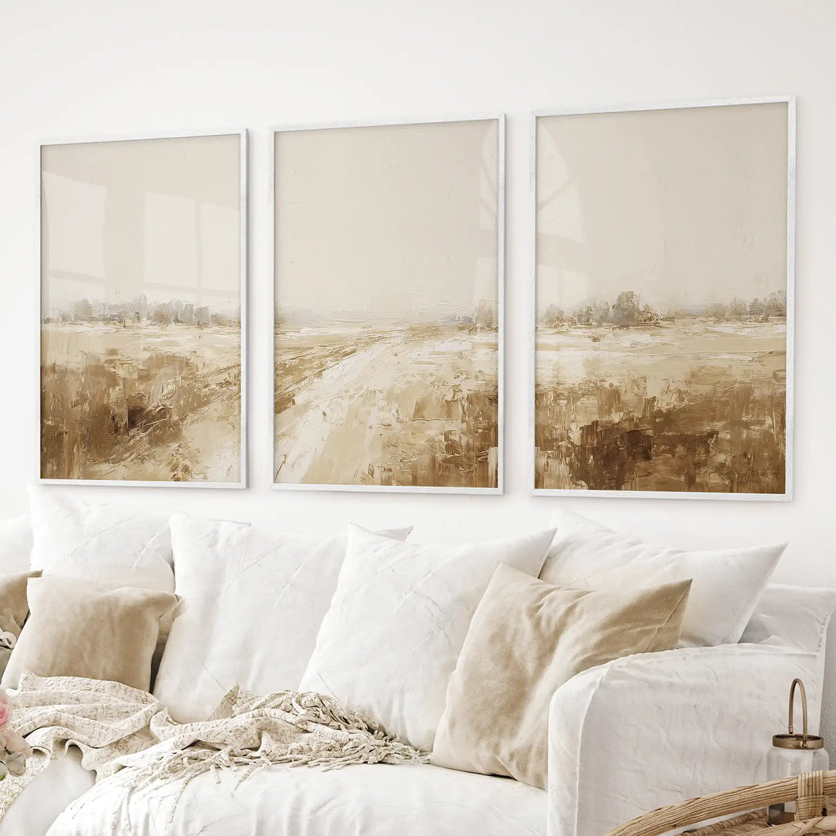 Neutral Abstract Landscape Art. Beige Farmhouse Triptych