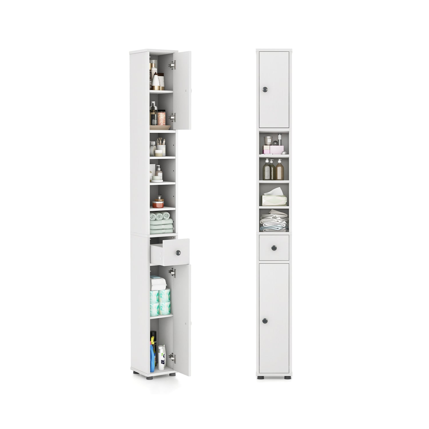 Freestanding Slim Bathroom Cabinet with Drawer and Adjustable Shelves