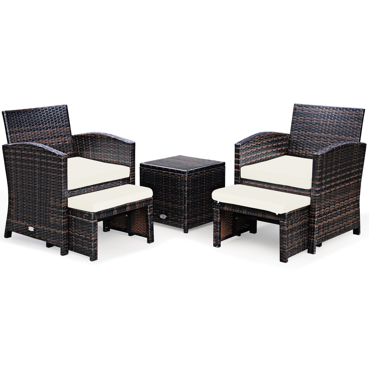 5 Pieces Patio Rattan Furniture Set with Ottoman and Tempered Glass Coffee Table