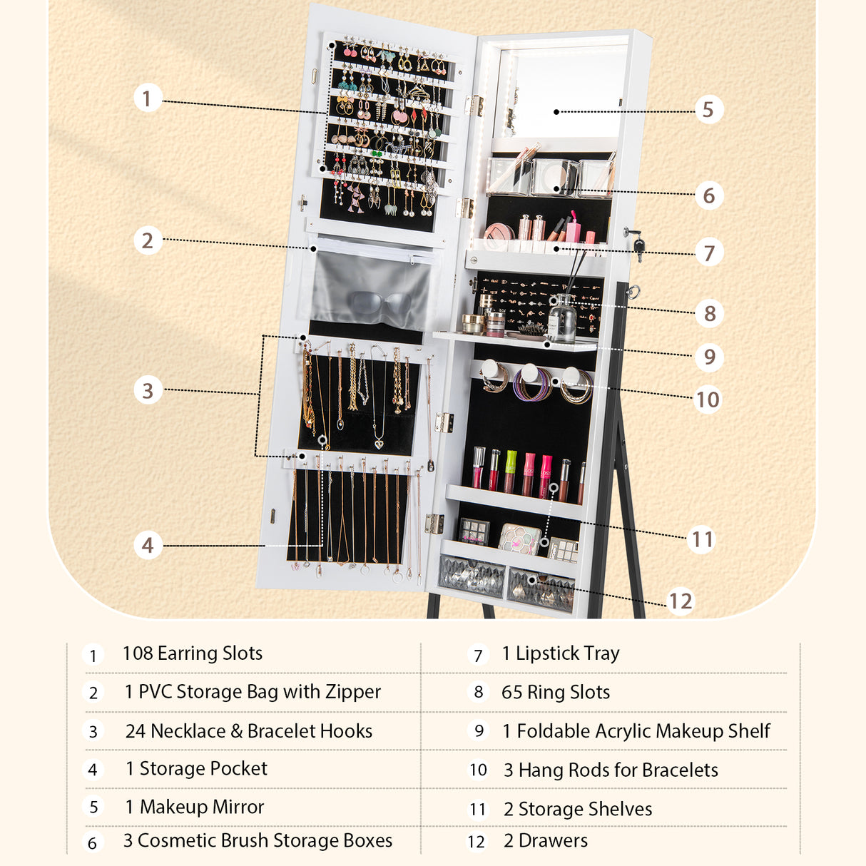 Freestanding Jewelry Cabinet with Full-Length Mirror