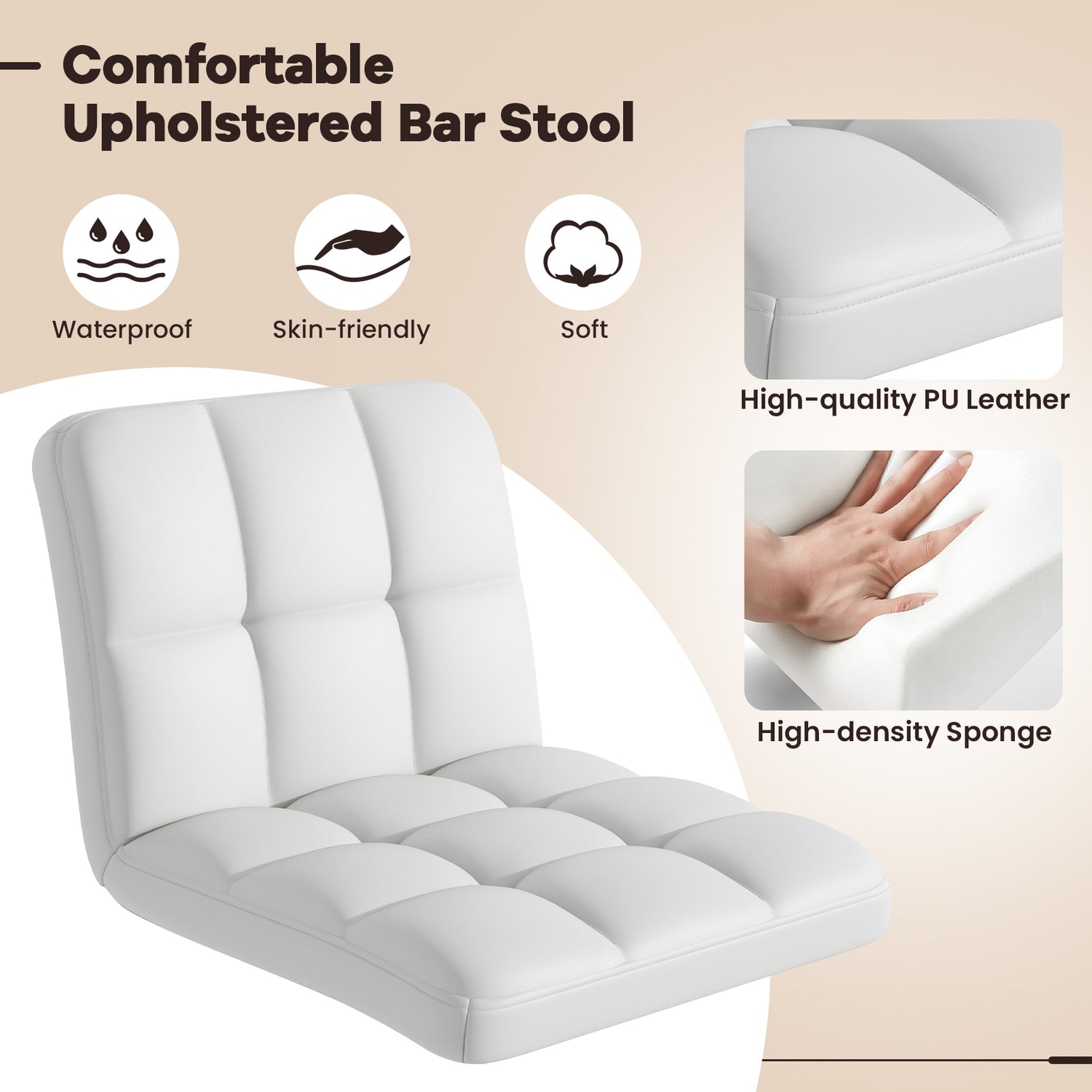 Set of 2 Square Swivel Adjustable PU Leather Bar Stools with Back and Footrest
