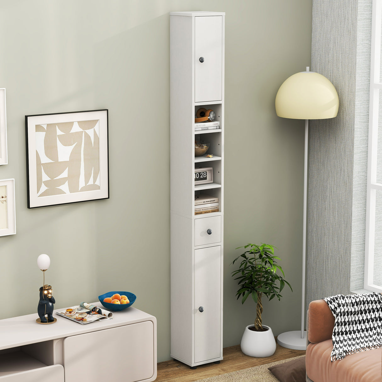 Freestanding Slim Bathroom Cabinet with Drawer and Adjustable Shelves