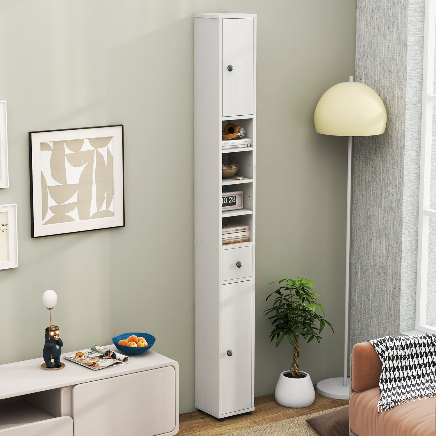 Freestanding Slim Bathroom Cabinet with Drawer and Adjustable Shelves