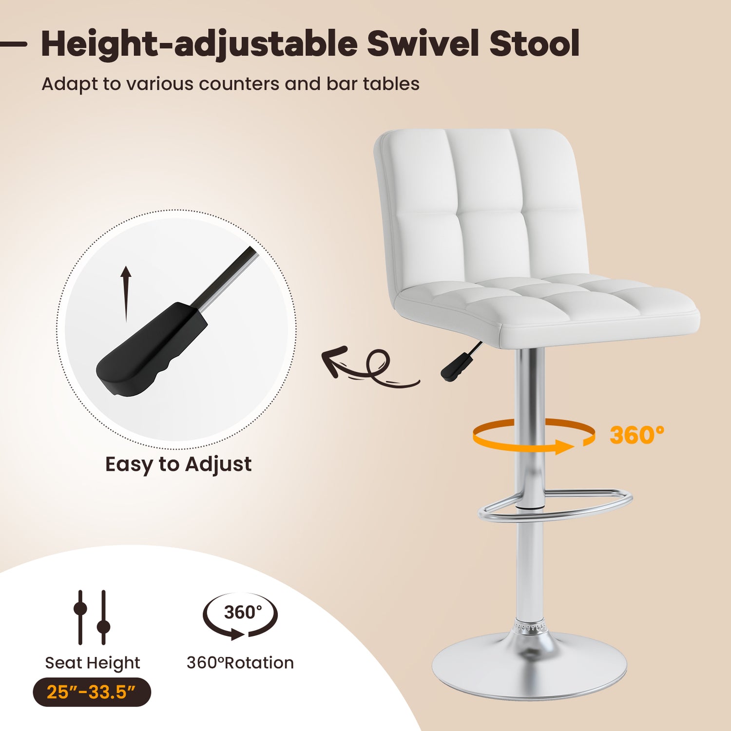 Set of 2 Square Swivel Adjustable PU Leather Bar Stools with Back and Footrest