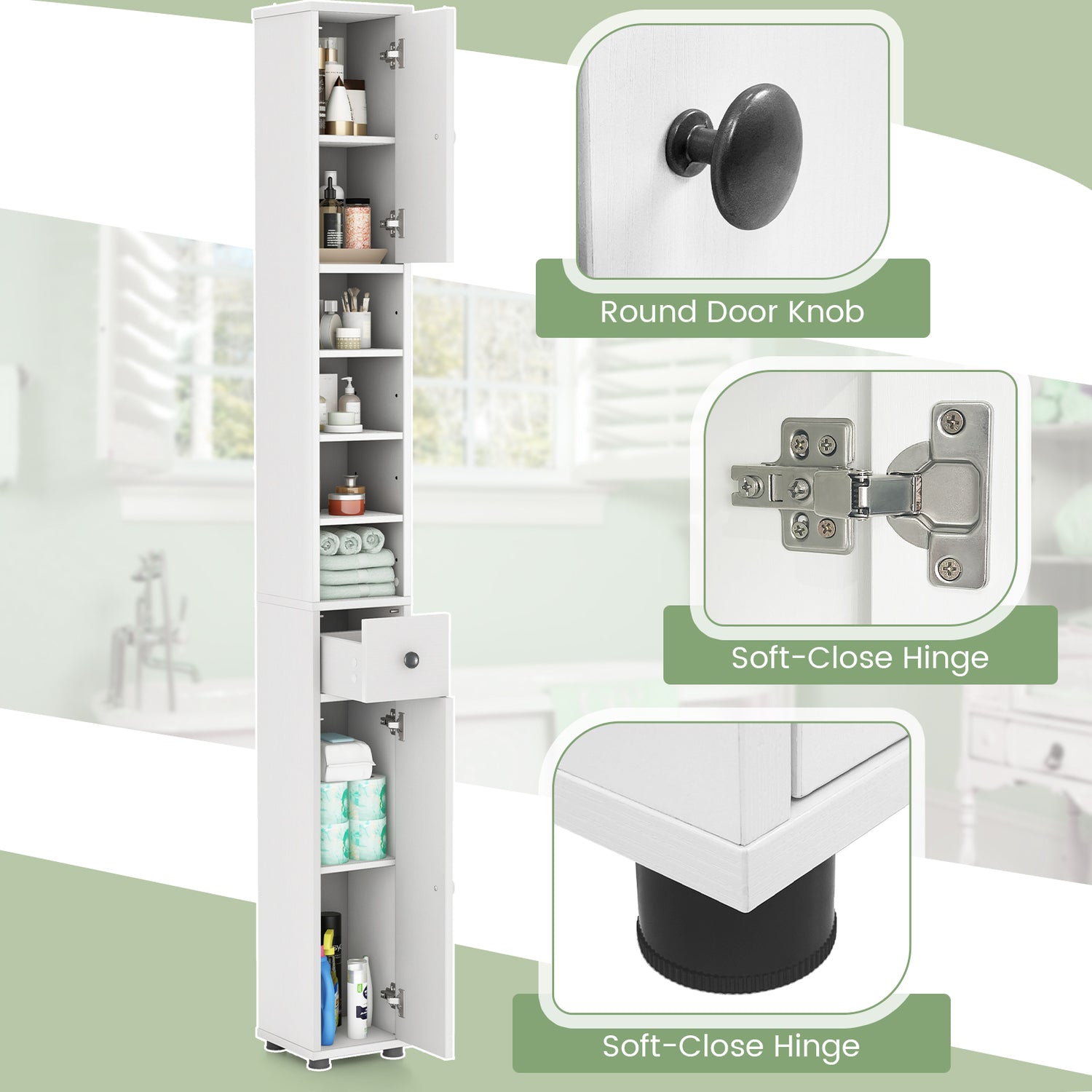 Freestanding Slim Bathroom Cabinet with Drawer and Adjustable Shelves