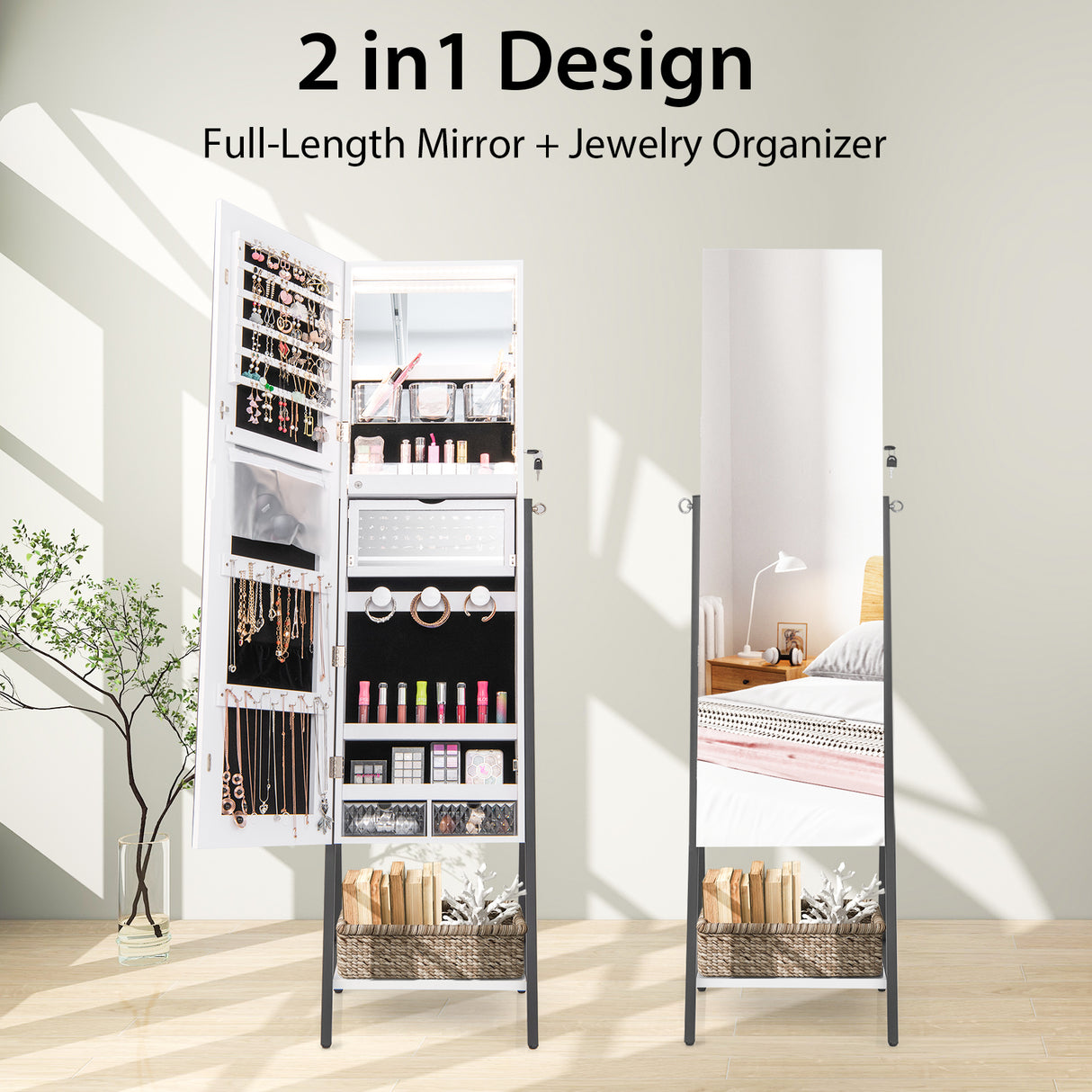 Freestanding Jewelry Cabinet with Full-Length Mirror