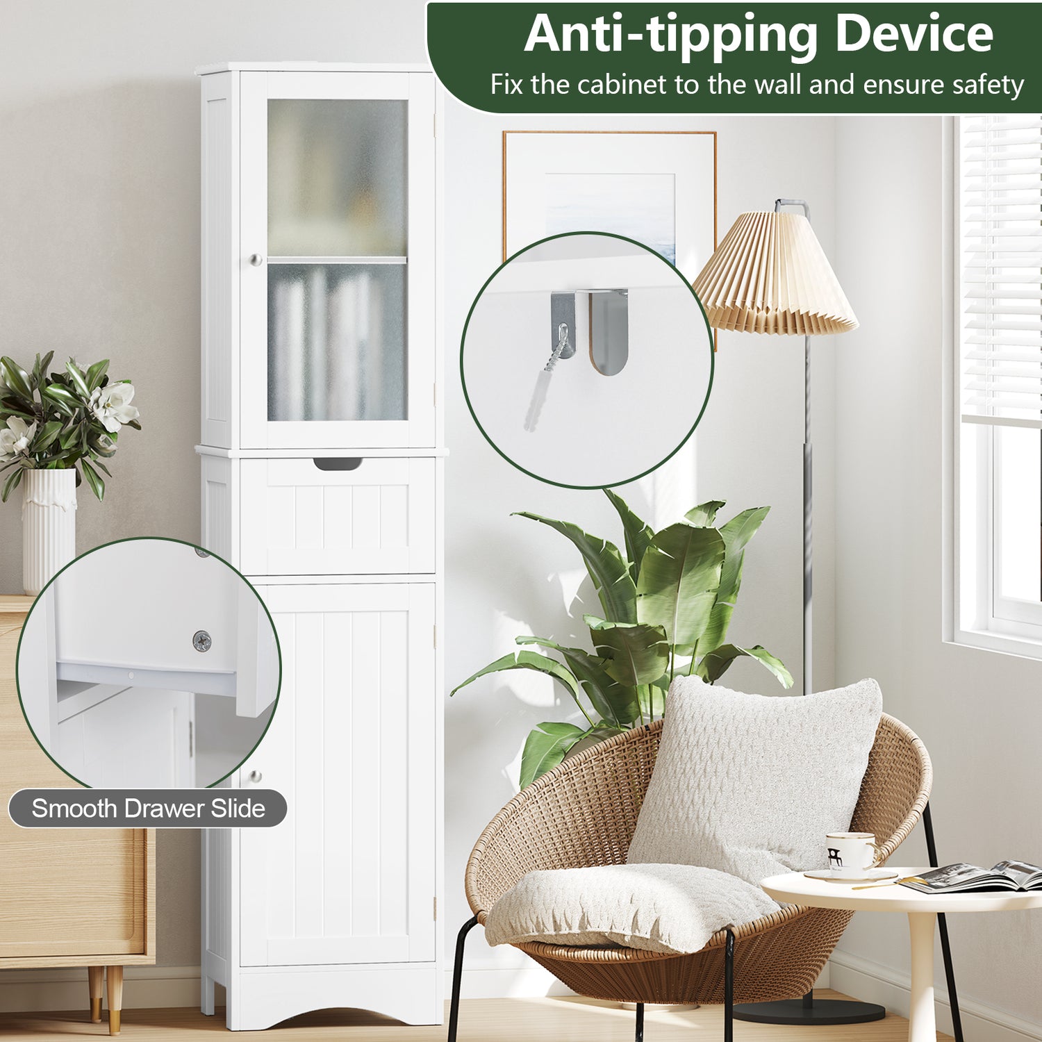 Tall Floor Storage Cabinet with 2 Doors and 1 Drawer for Bathroom-White