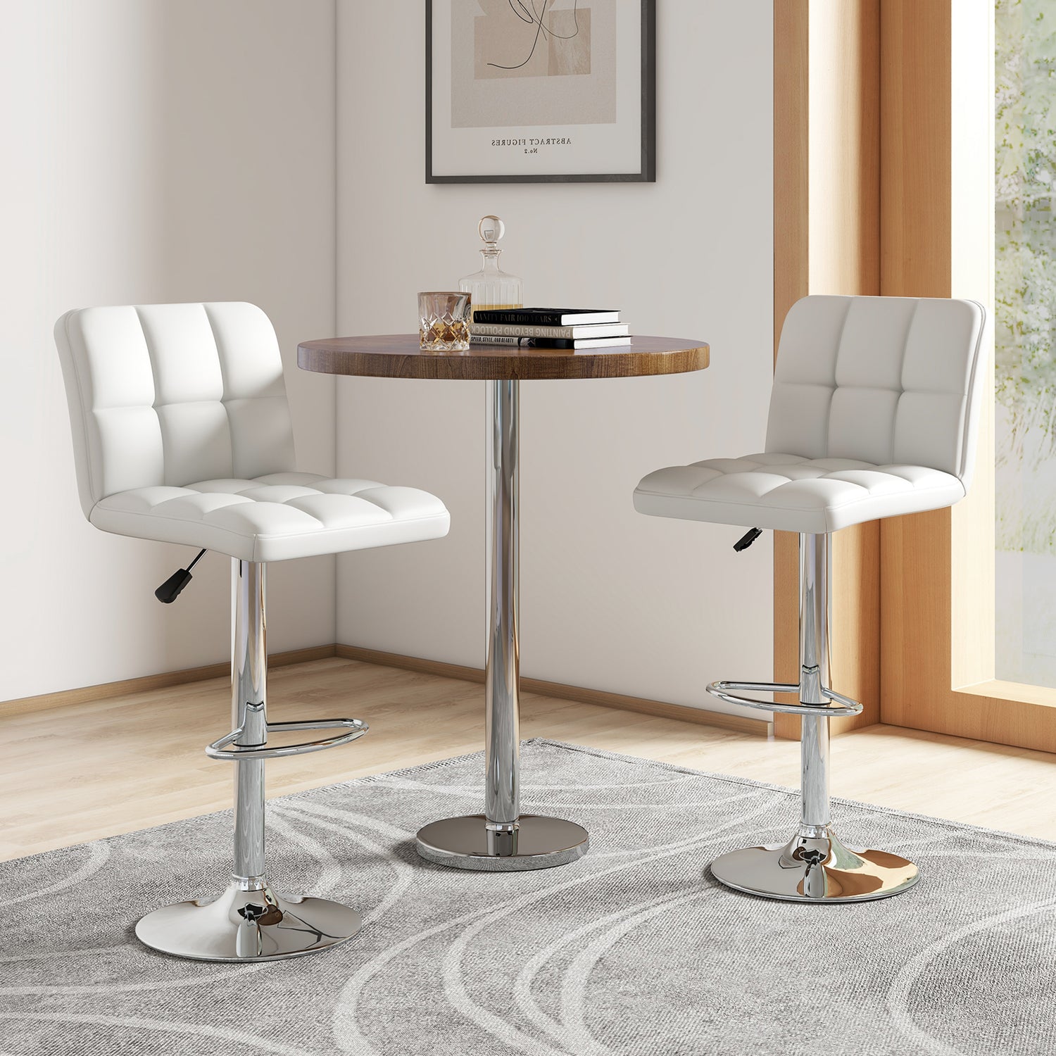 Set of 2 Square Swivel Adjustable PU Leather Bar Stools with Back and Footrest