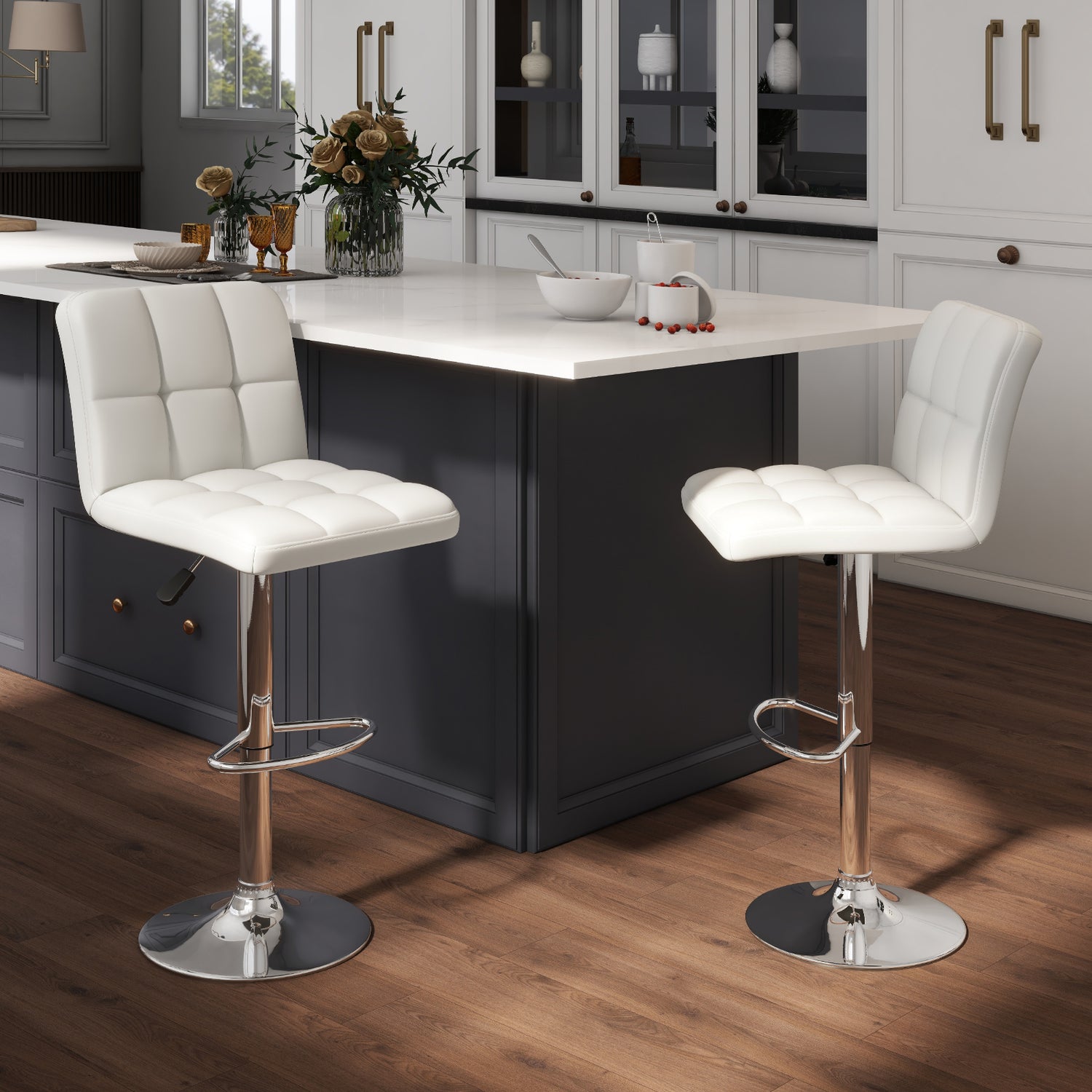 Set of 2 Square Swivel Adjustable PU Leather Bar Stools with Back and Footrest