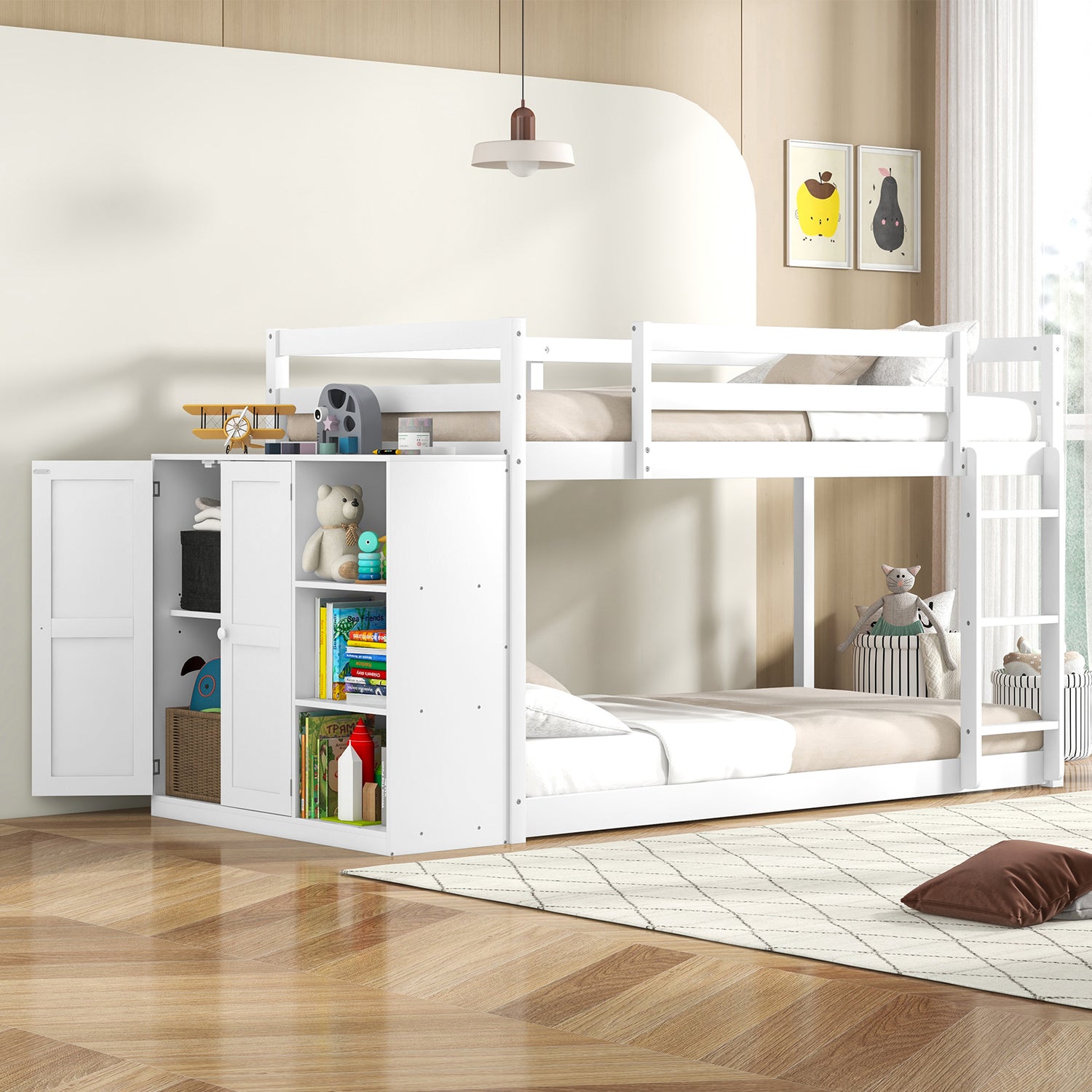 Twin Size Bunk Bed with Convertible Bookcase and Ladder-White