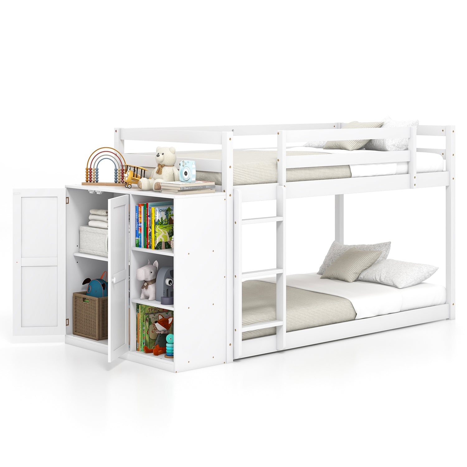 Twin Size Bunk Bed with Convertible Bookcase and Ladder-White