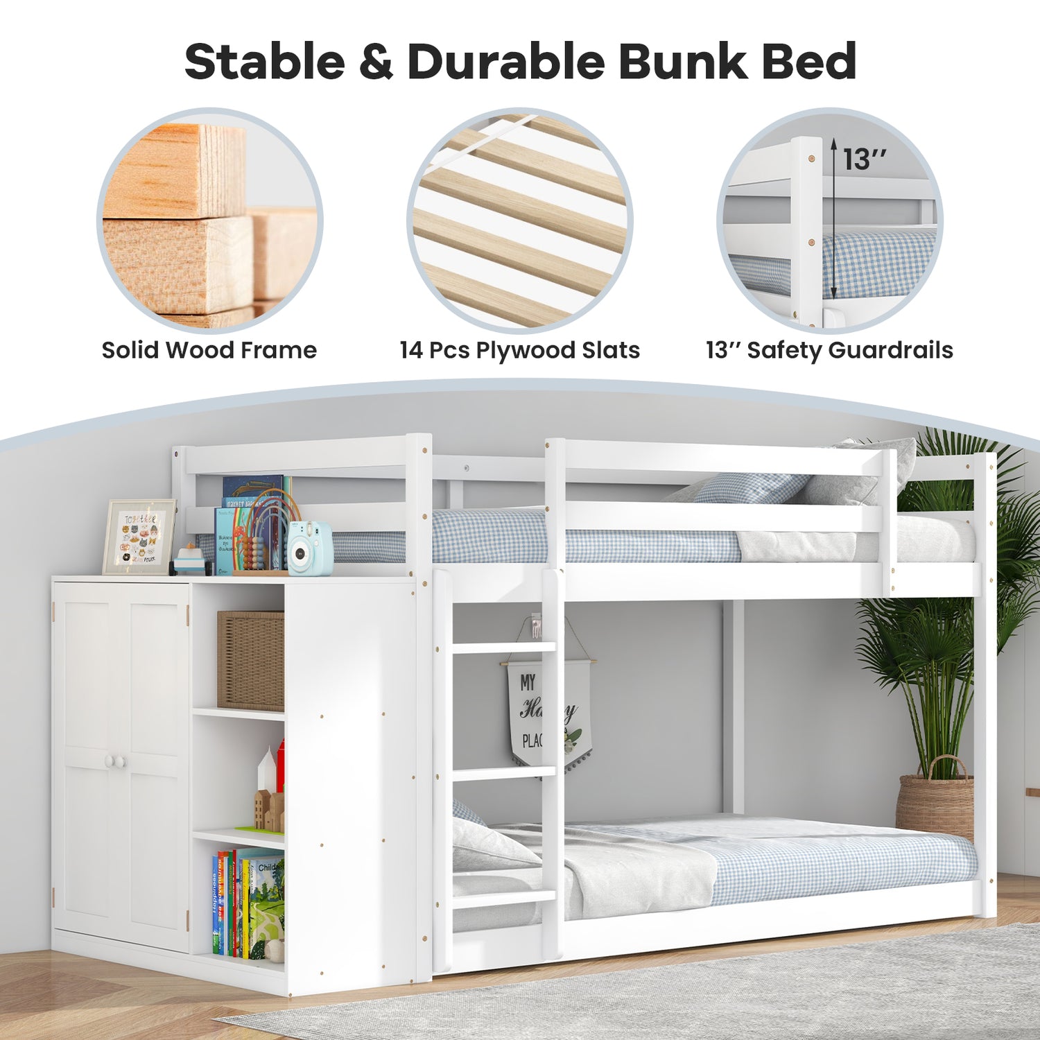 Twin Size Bunk Bed with Convertible Bookcase and Ladder-White
