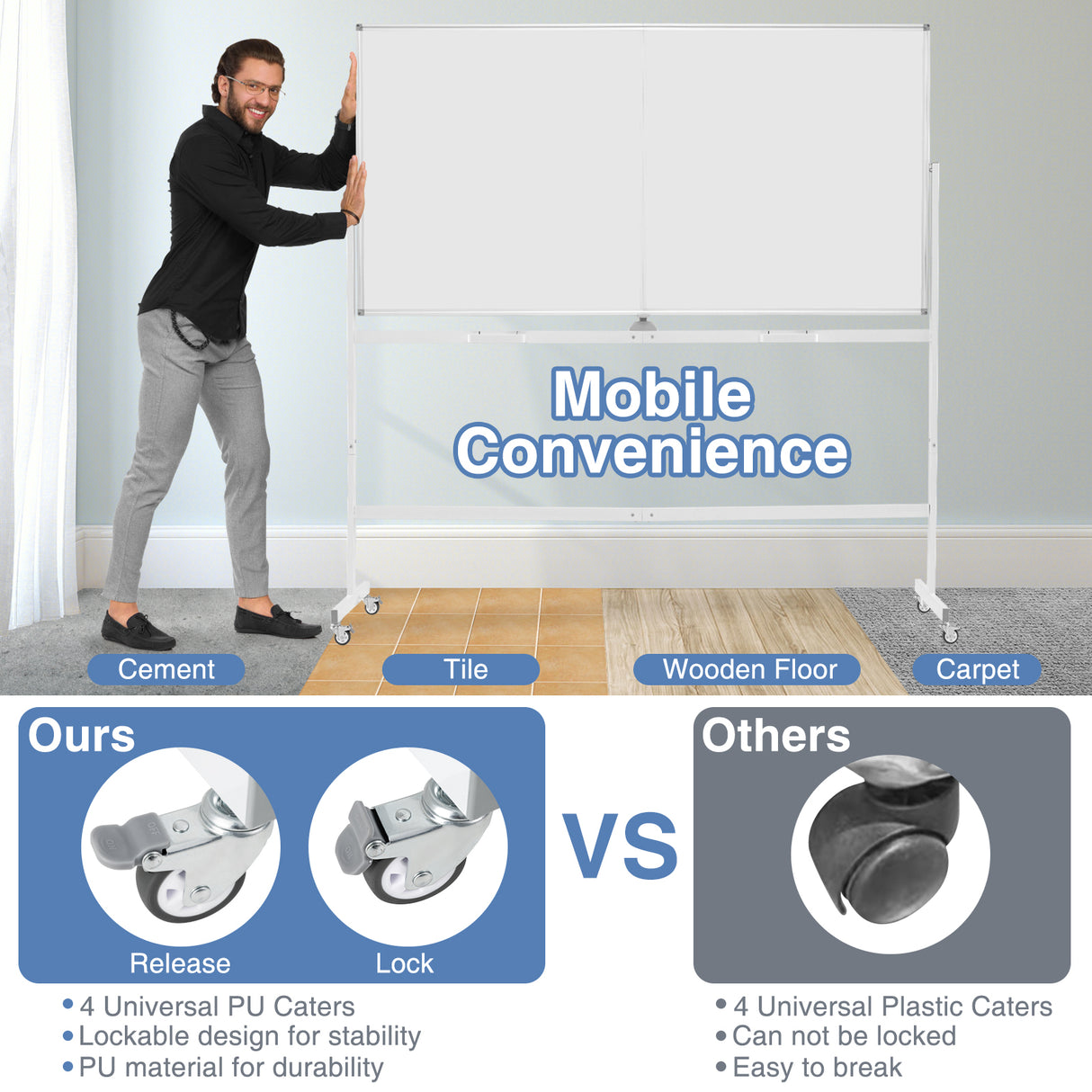 Rolling Double-Sided Magnetic Whiteboard on Wheels with Stand and Aluminum Alloy Frame