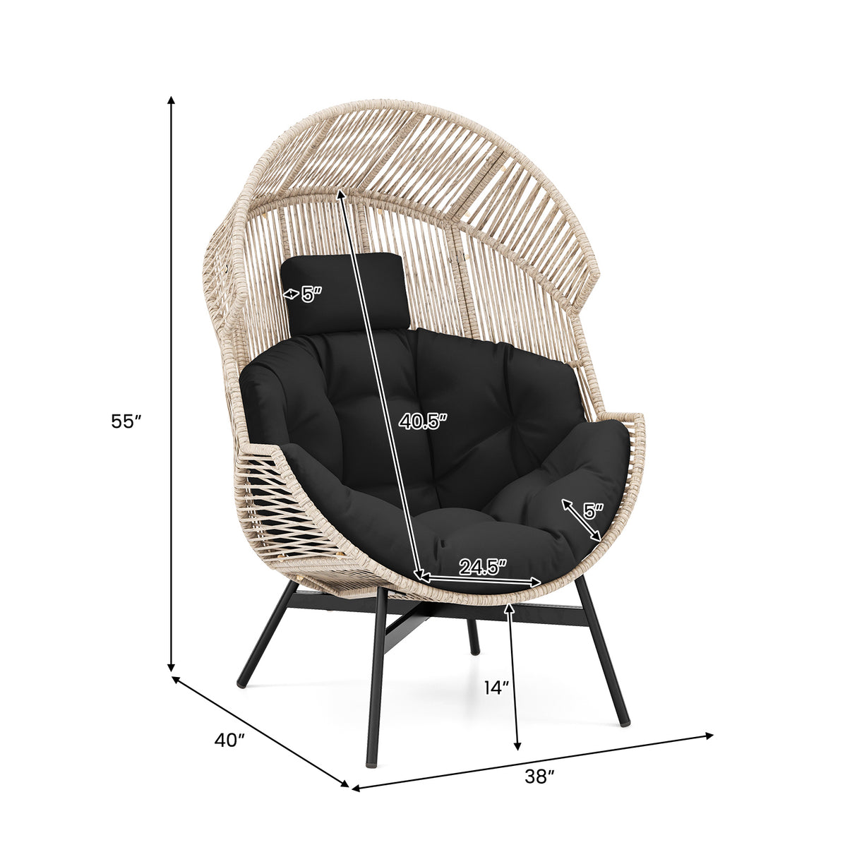 Wicker Oversized Egg Style Chair with Cushions and Headrest