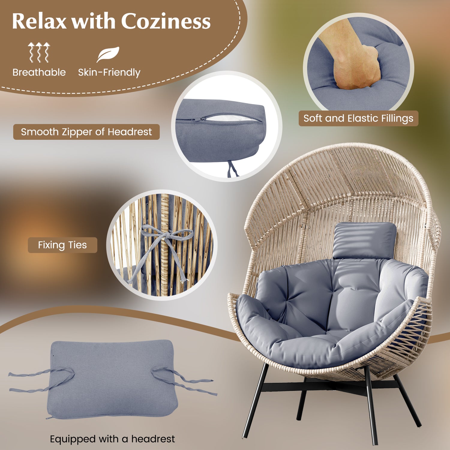 Wicker Oversized Egg Style Chair with Cushions and Headrest