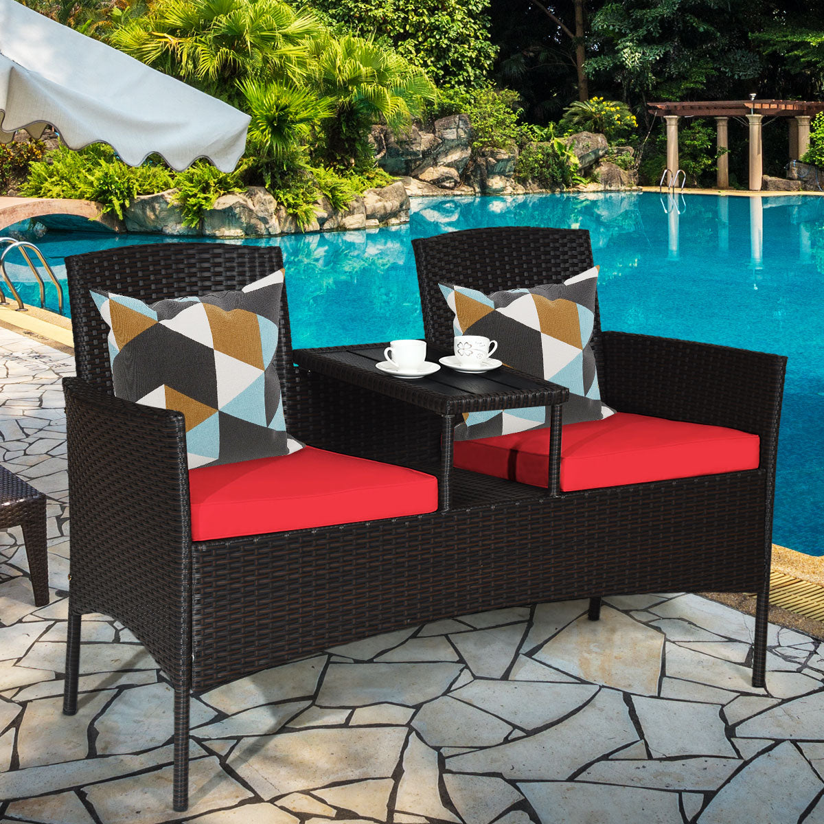 Wicker Patio Conversation Furniture Set with Removable Cushions and Table