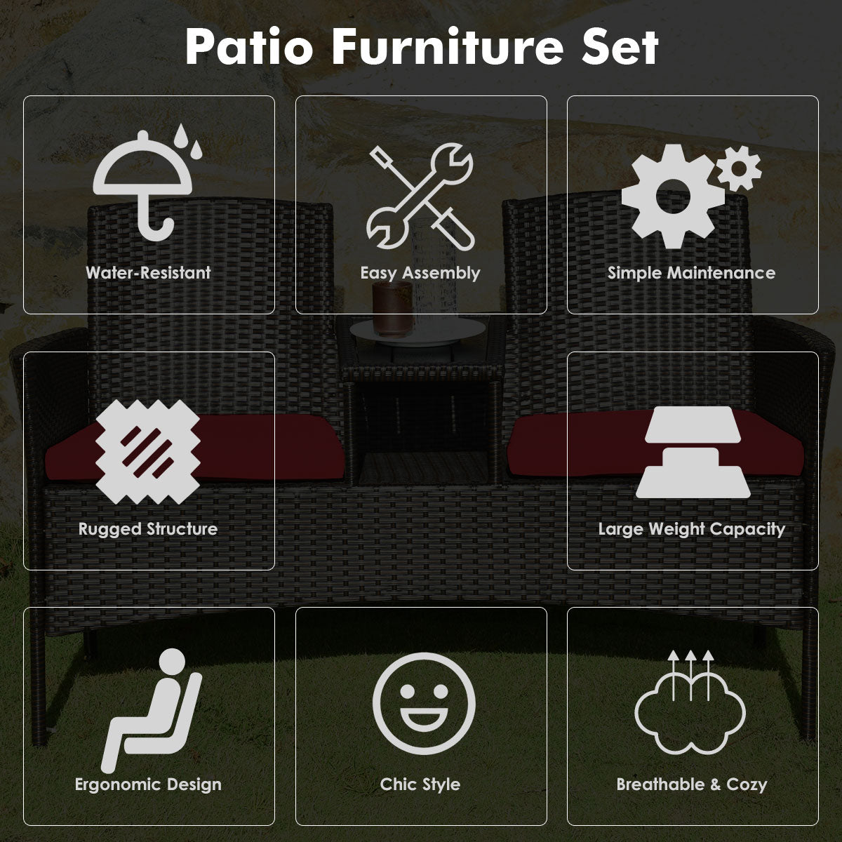 Wicker Patio Conversation Furniture Set with Removable Cushions and Table