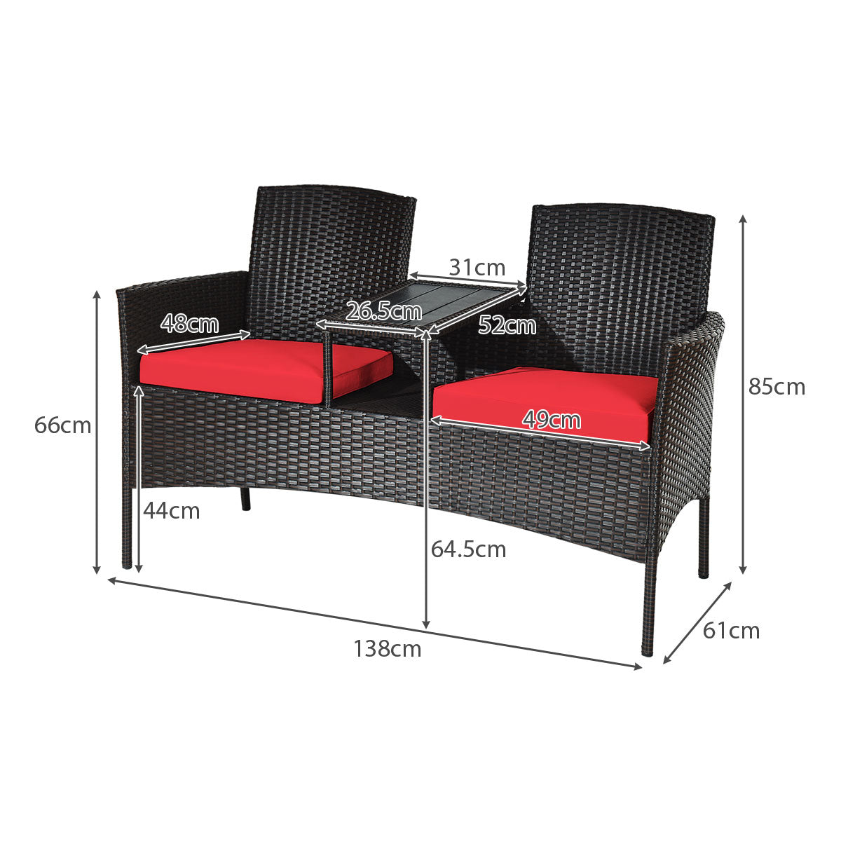Wicker Patio Conversation Furniture Set with Removable Cushions and Table
