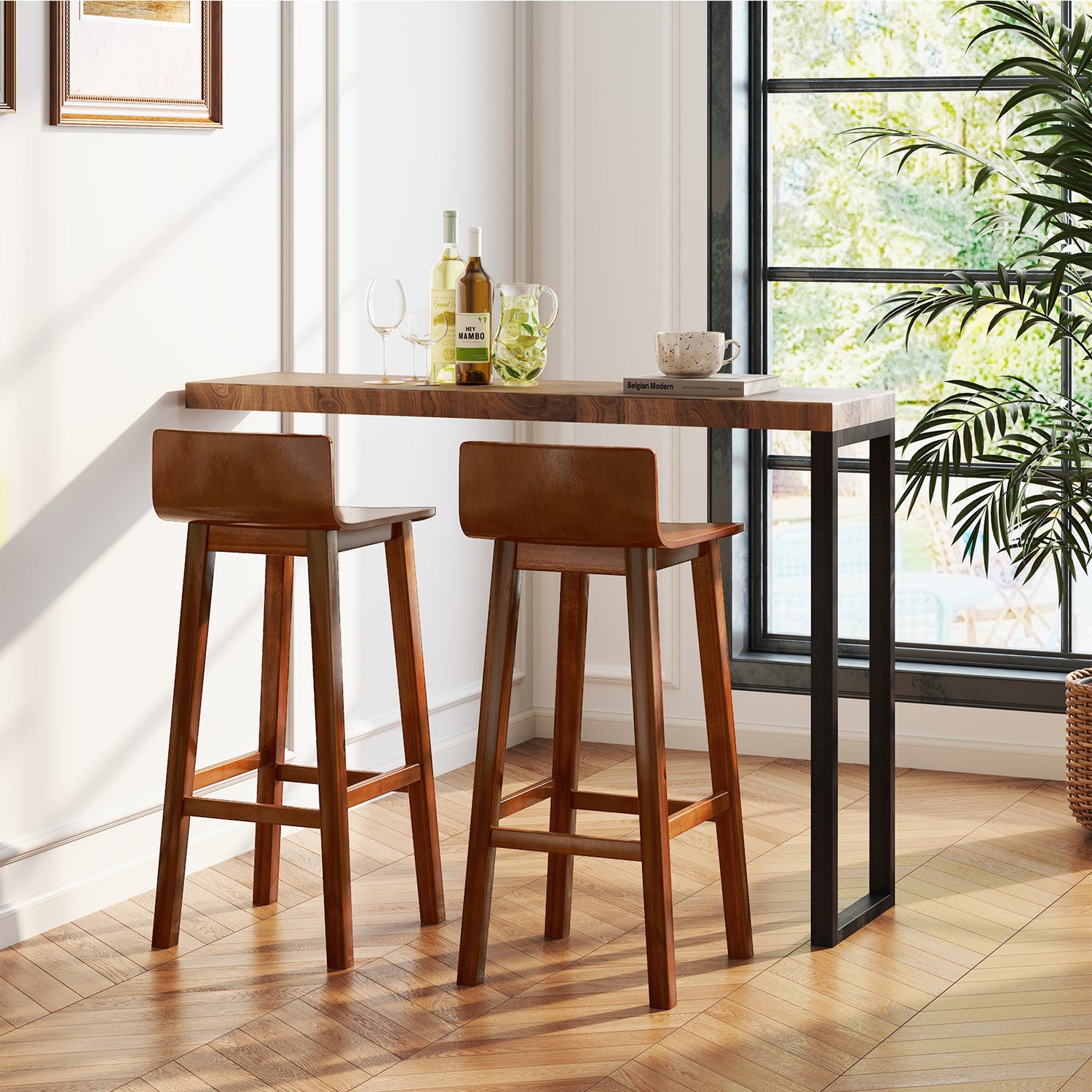 29 Inch Wood Bar Stools Set of 2 with Solid Back and Seat-Walnut