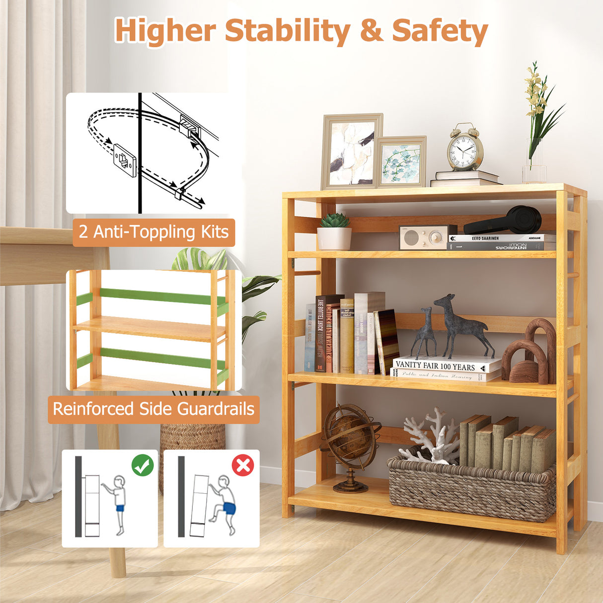 4-Tier Bookshelf Rubber Wood Bookcase with Side Fences for Living Room