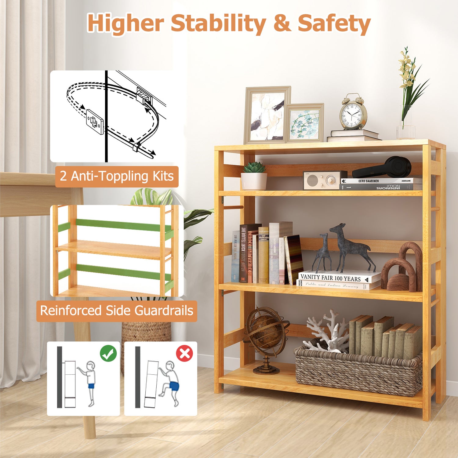 4-Tier Bookshelf Rubber Wood Bookcase with Side Fences for Living Room