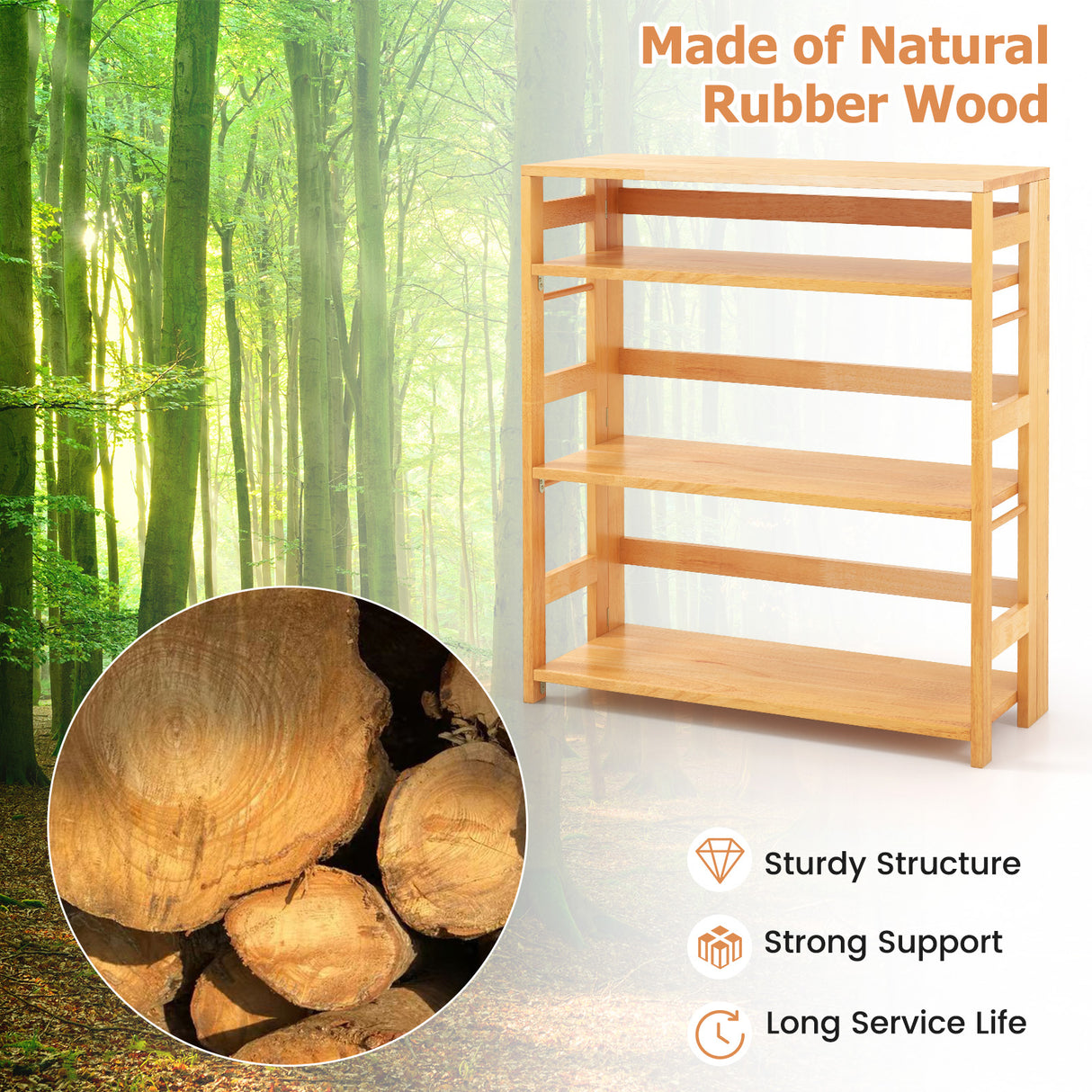 4-Tier Bookshelf Rubber Wood Bookcase with Side Fences for Living Room
