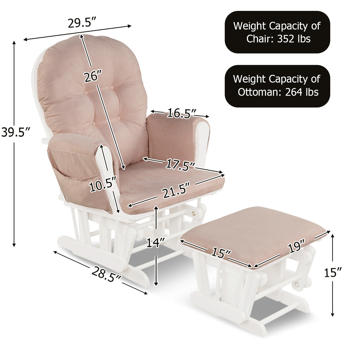 Wood Glider and Ottoman Set with Padded Armrests and Detachable Cushion