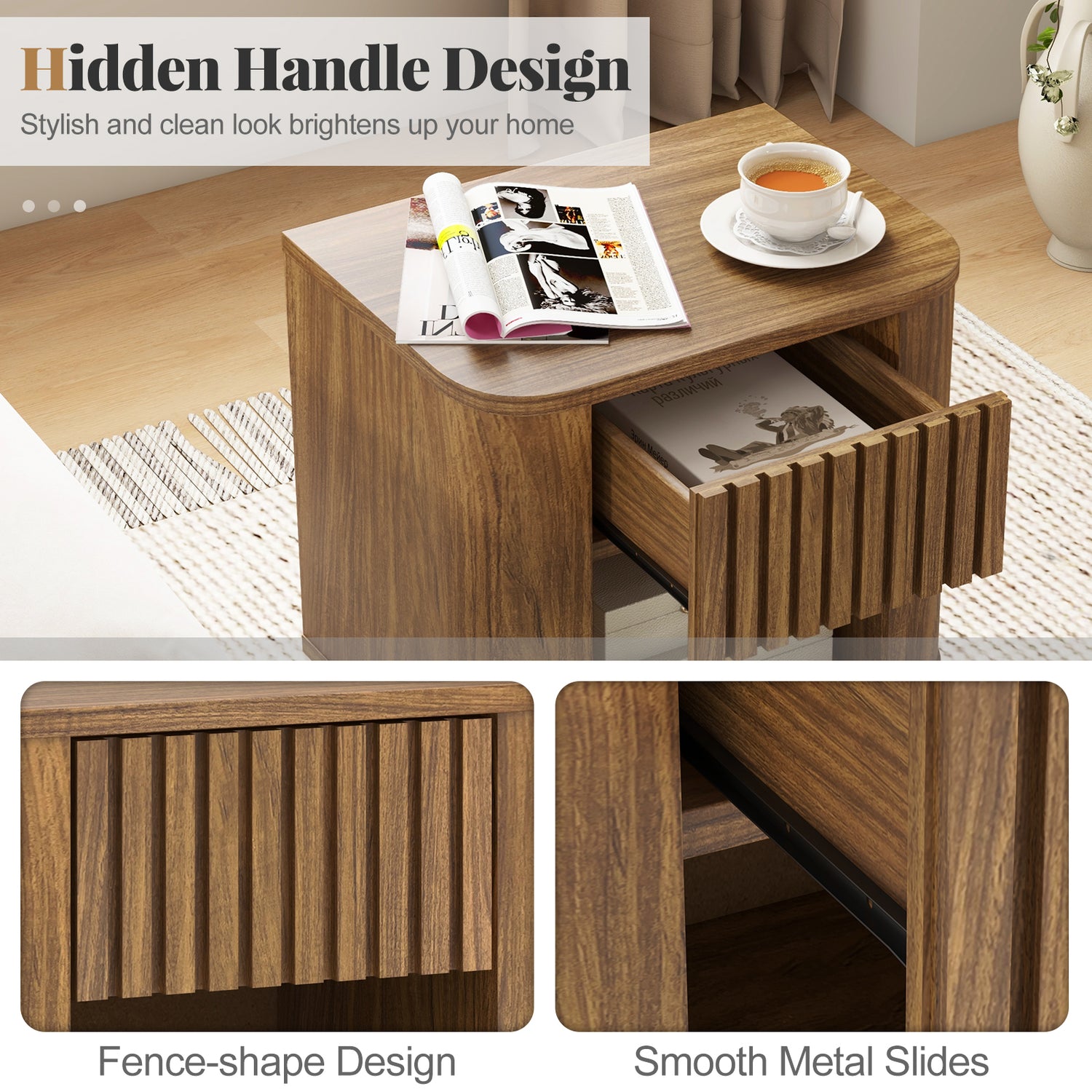 Mid-century Wood Nightstand with Drawer and Open Shelf-Walnut