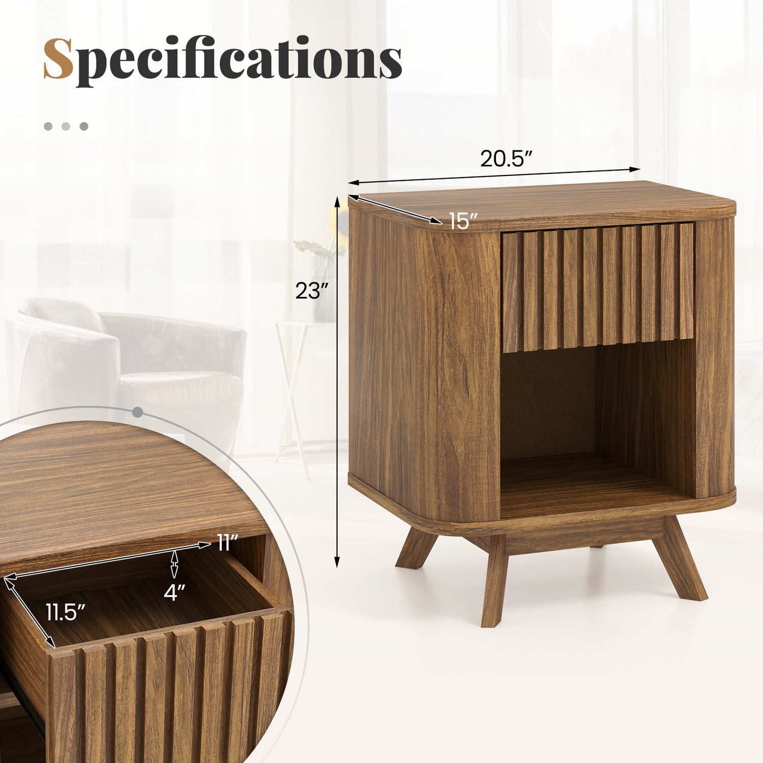 Mid-century Wood Nightstand with Drawer and Open Shelf-Walnut