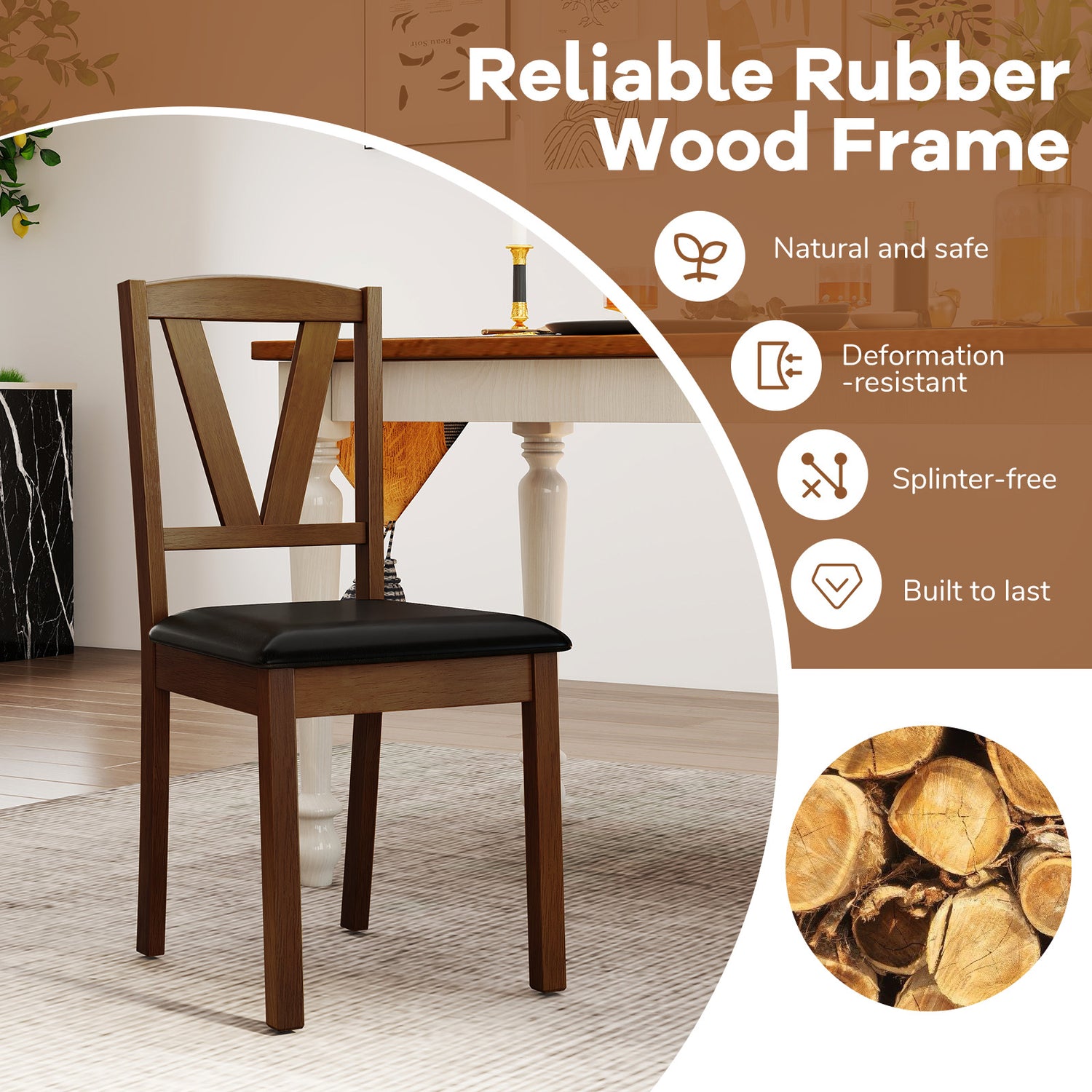 Wooden Dining Chair Set of 2 with PU Leather Upholstered and Rubber Wood Frame-Brown