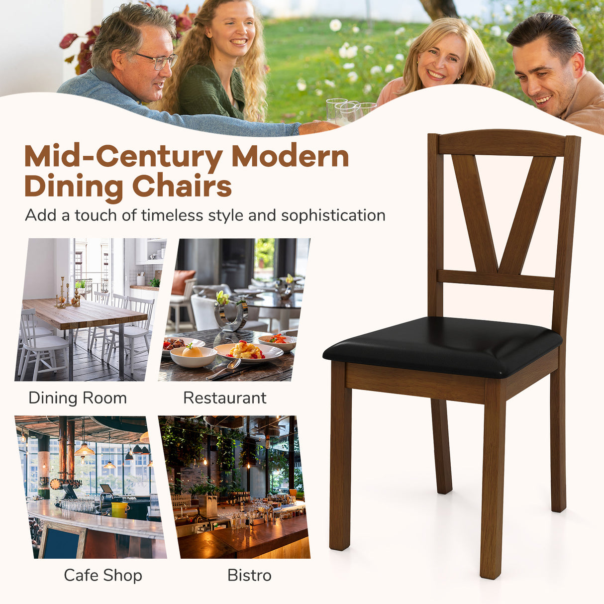 Wooden Dining Chair Set of 2 with PU Leather Upholstered and Rubber Wood Frame-Brown